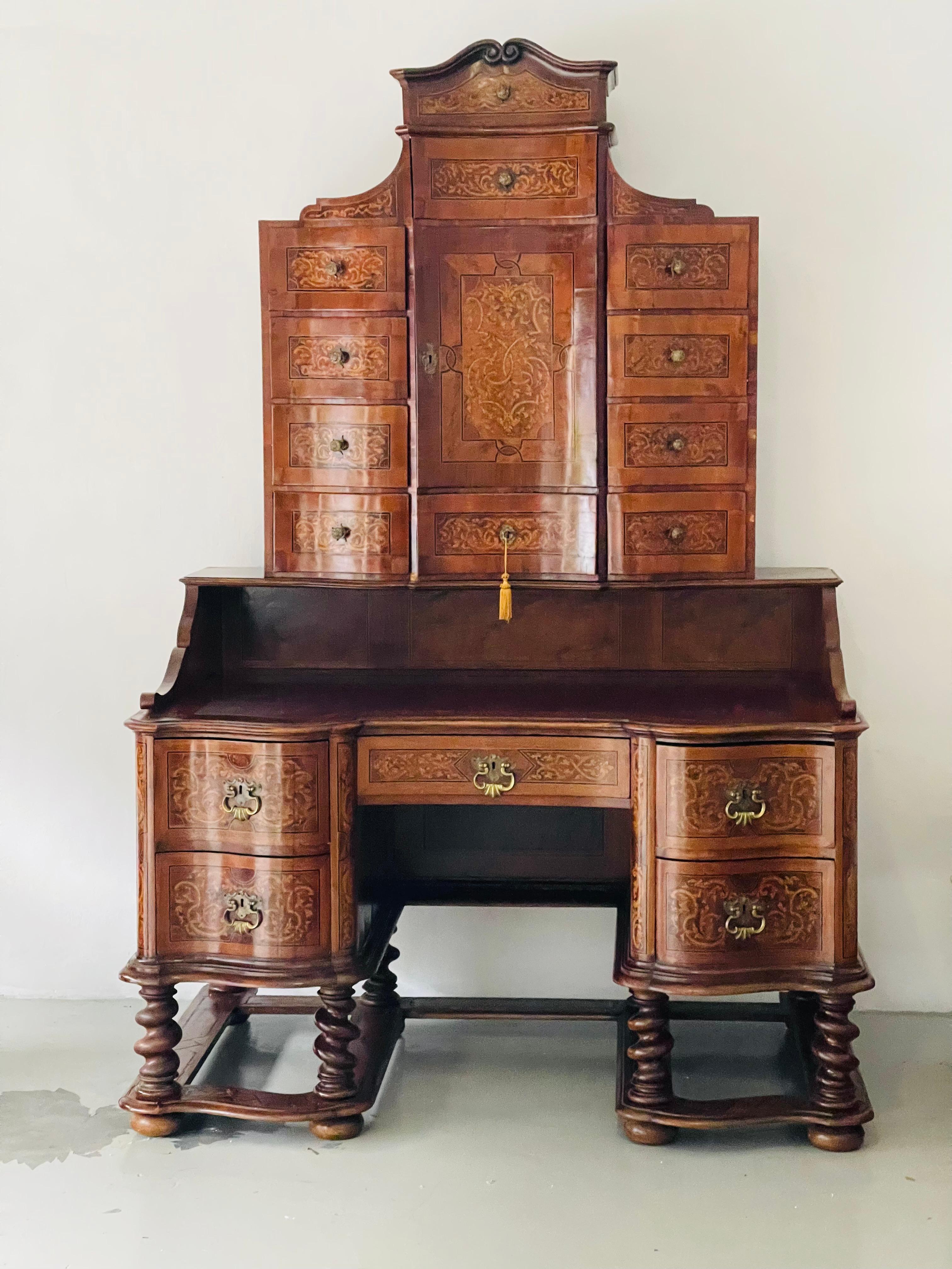 Unique German Antique Secretaire with Chair Rich Inlay For Sale 14