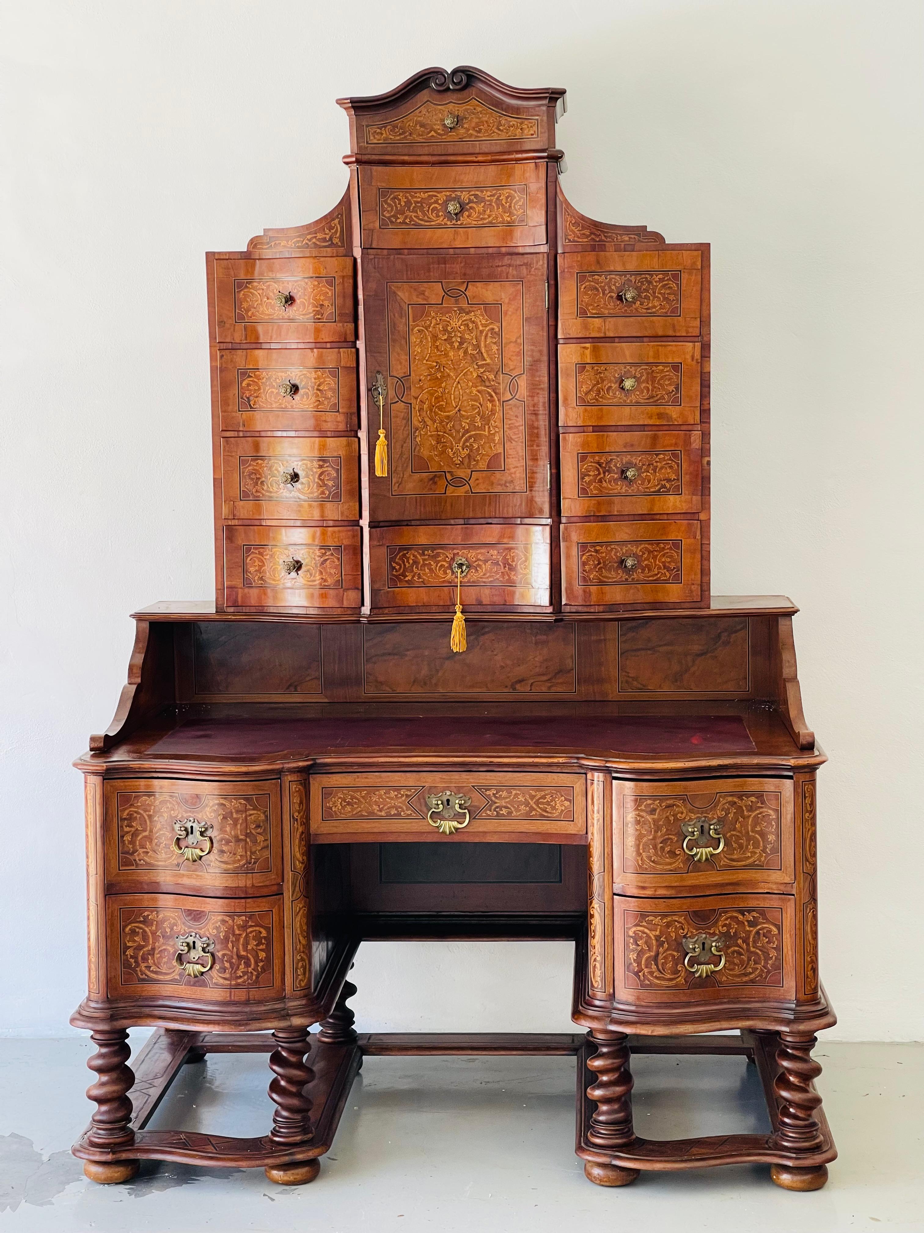 Exceptionally beautiful rare antique West Germany secretaire with chair. Early 19 th c, walnut wood with intricate inlay fruitwood. Comes with matching swivel armchair. Right and left upper drawers have a secret mechanism closure. Original shellac