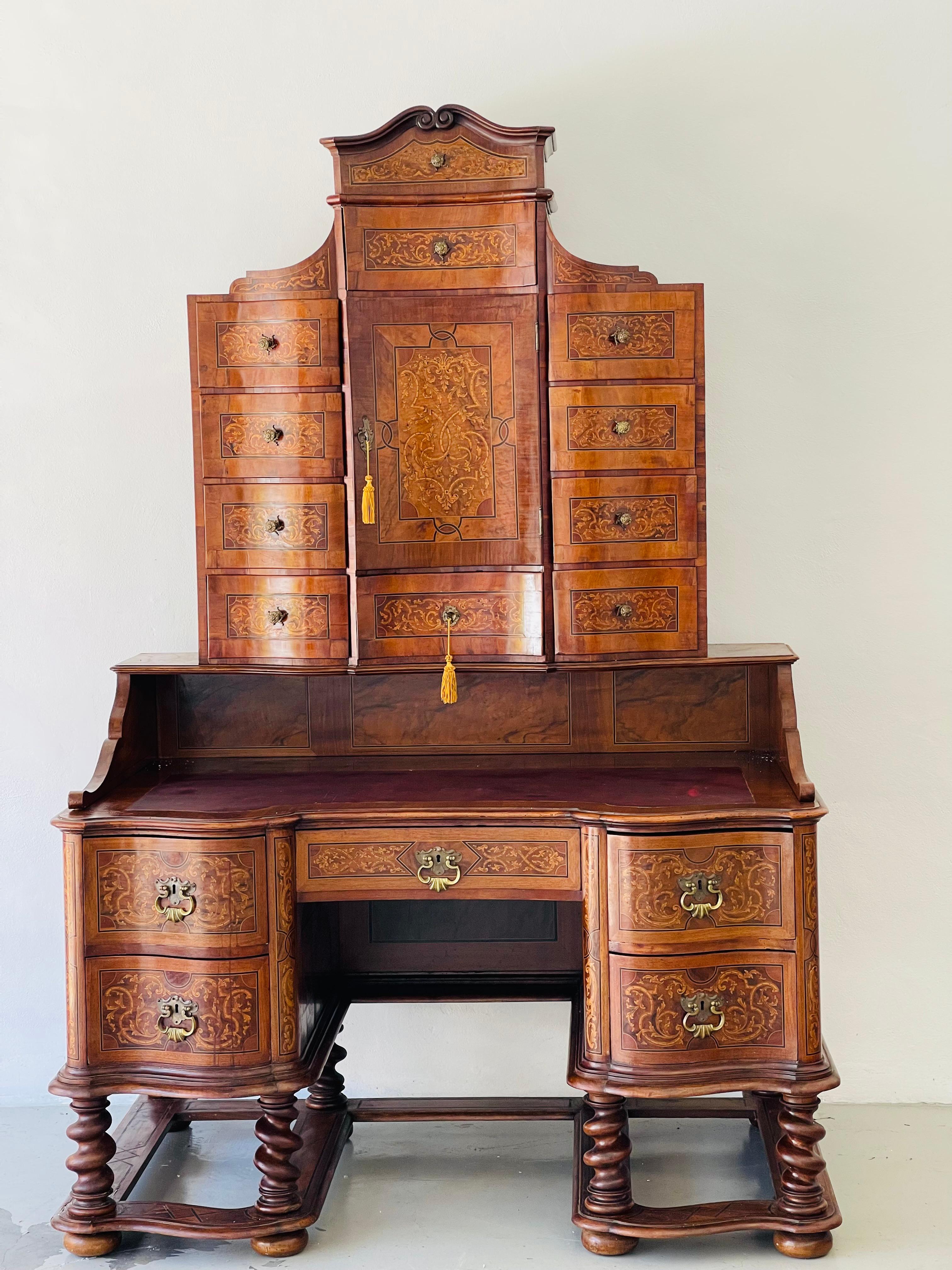 Unique German Antique Secretaire with Chair Rich Inlay In Good Condition For Sale In Boca Raton, FL