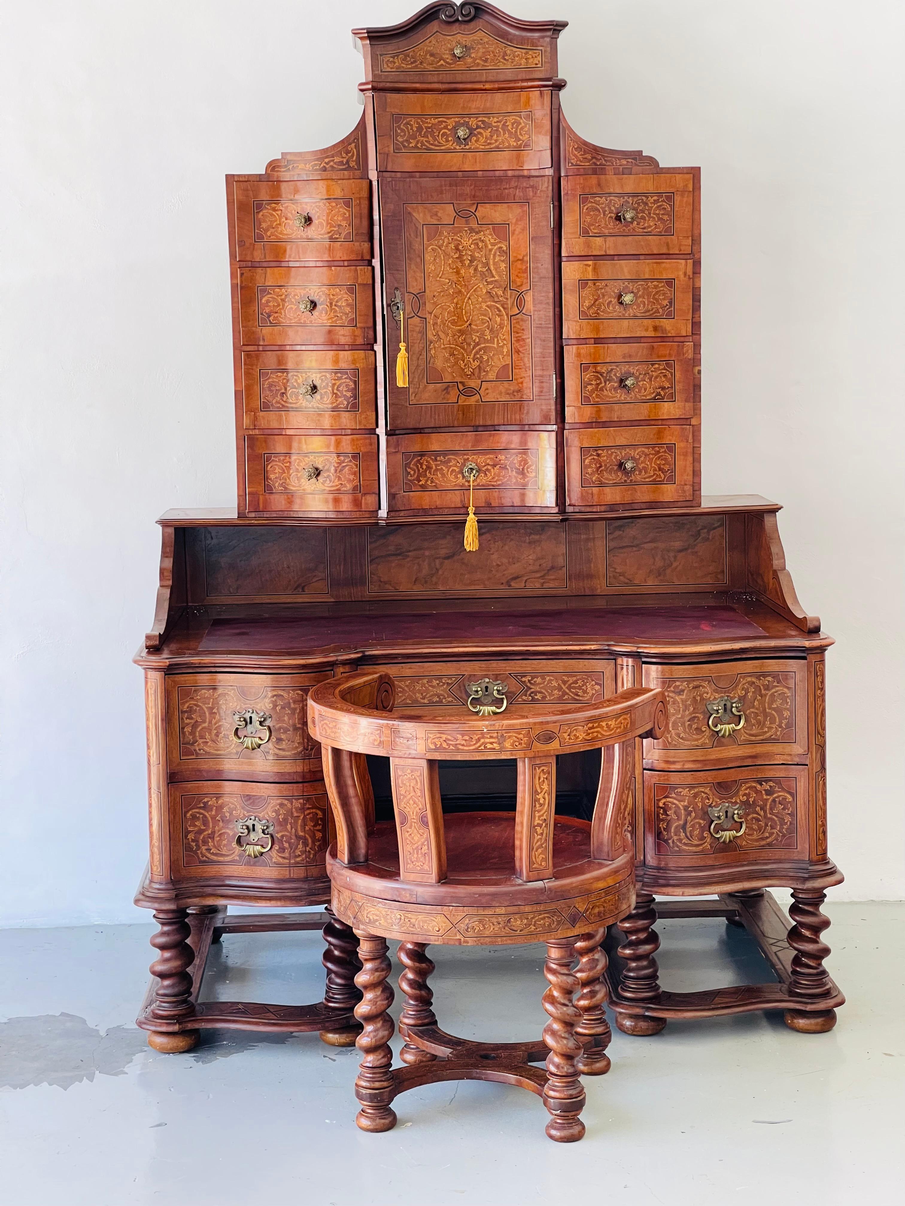 19th Century Unique German Antique Secretaire with Chair Rich Inlay For Sale