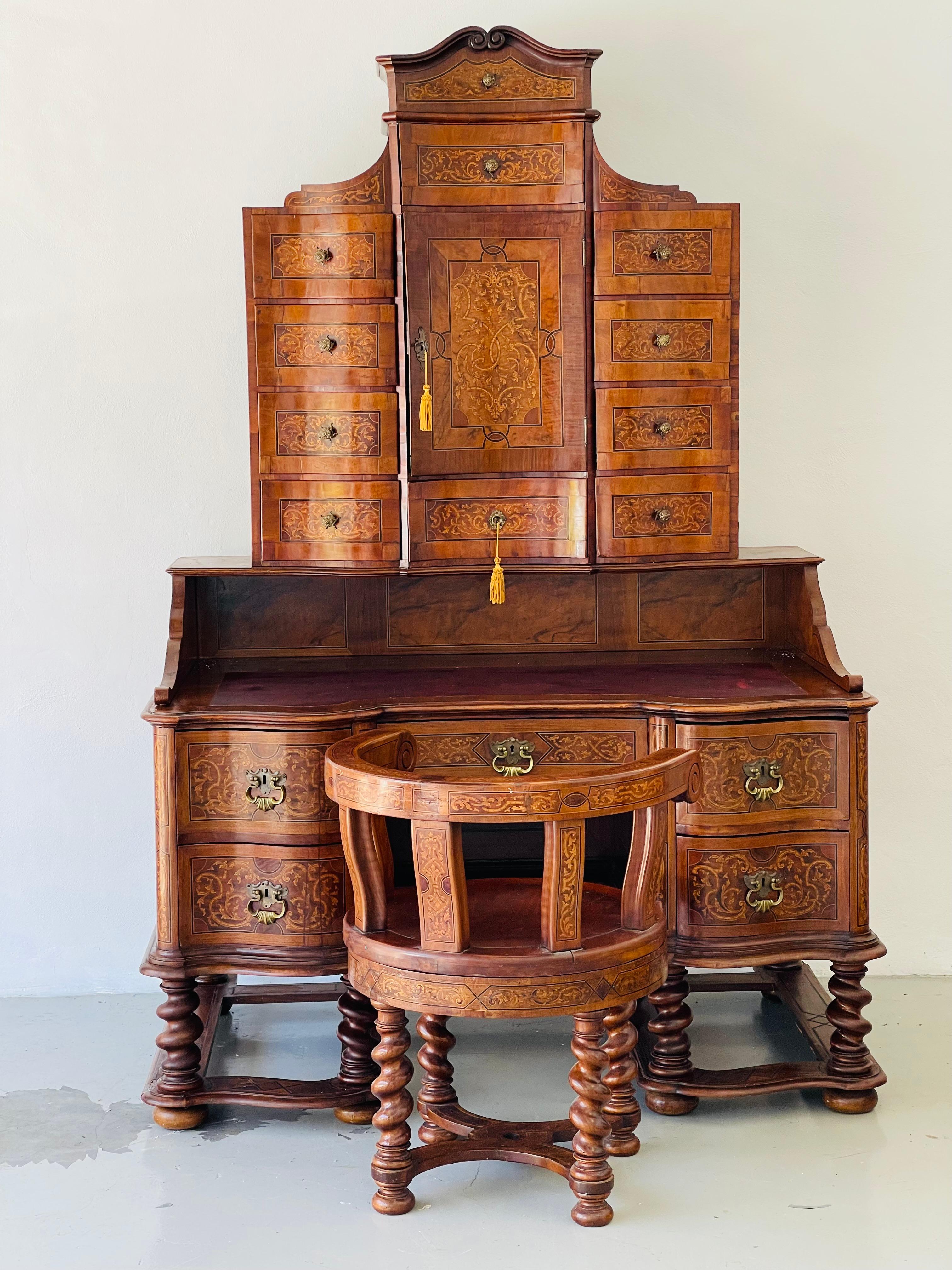 Nutwood Unique German Antique Secretaire with Chair Rich Inlay For Sale
