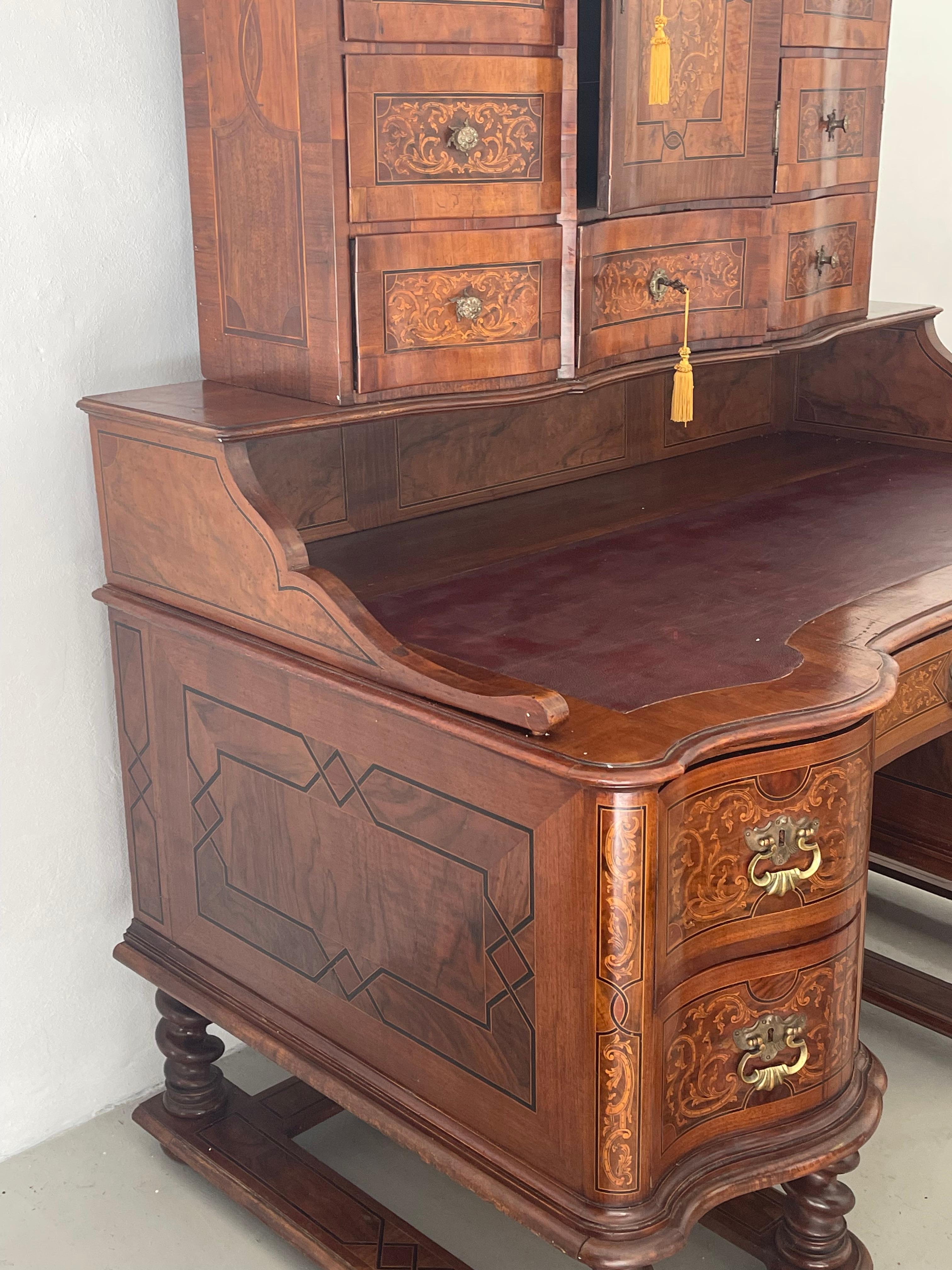 Unique German Antique Secretaire with Chair Rich Inlay For Sale 3