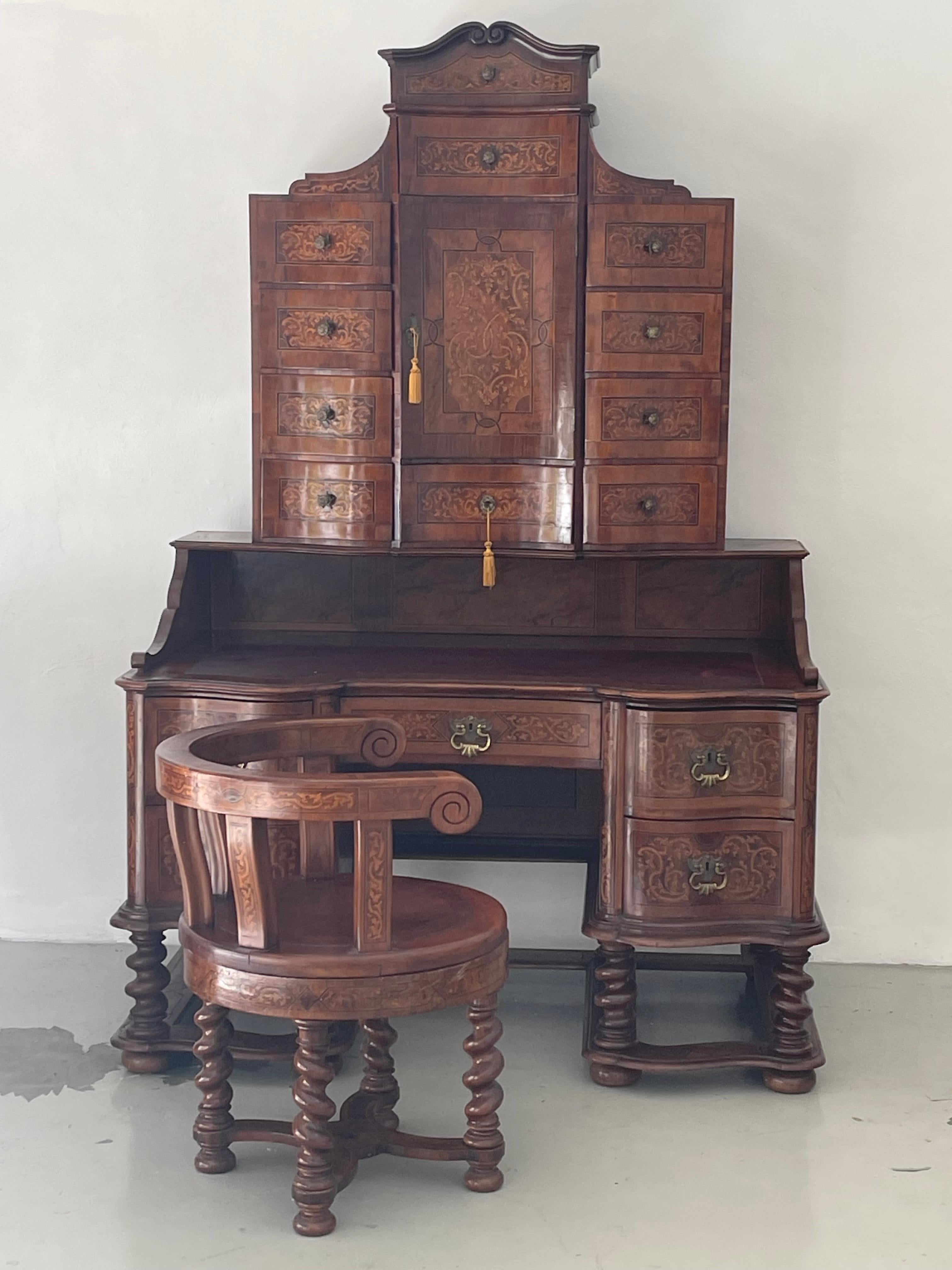 Unique German Antique Secretaire with Chair Rich Inlay For Sale 4