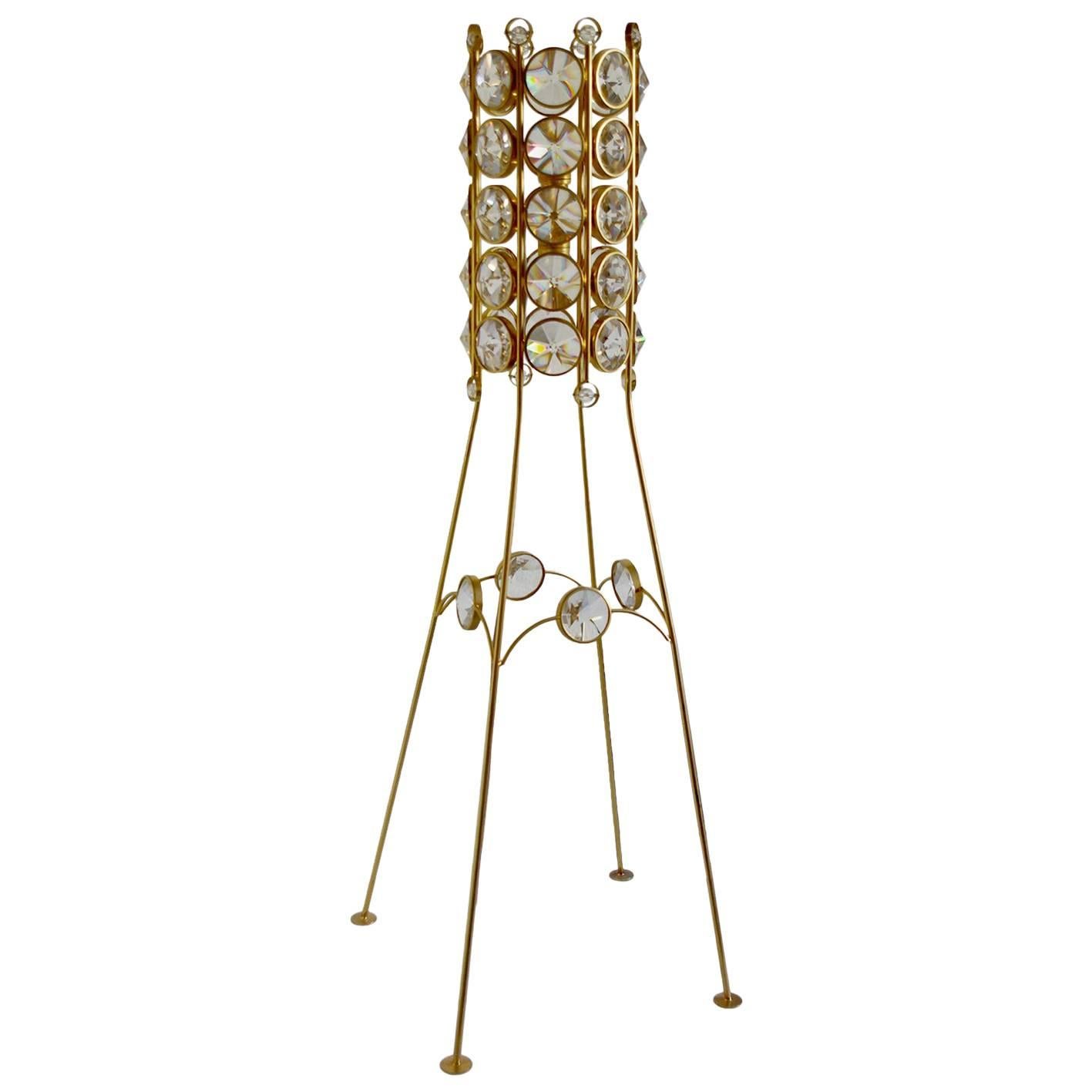 Unique German Vintage Crystal Glass and Gold Brass Floor Lamp, 1950s For Sale