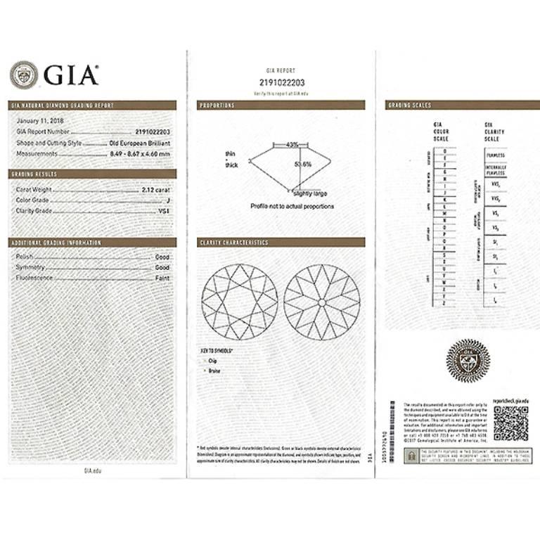 Verlobungsring, einzigartiger GIA-zertifizierter 2,12 Karat alter europäischer Diamant, Platin (Alteuropäischer Schliff) im Angebot