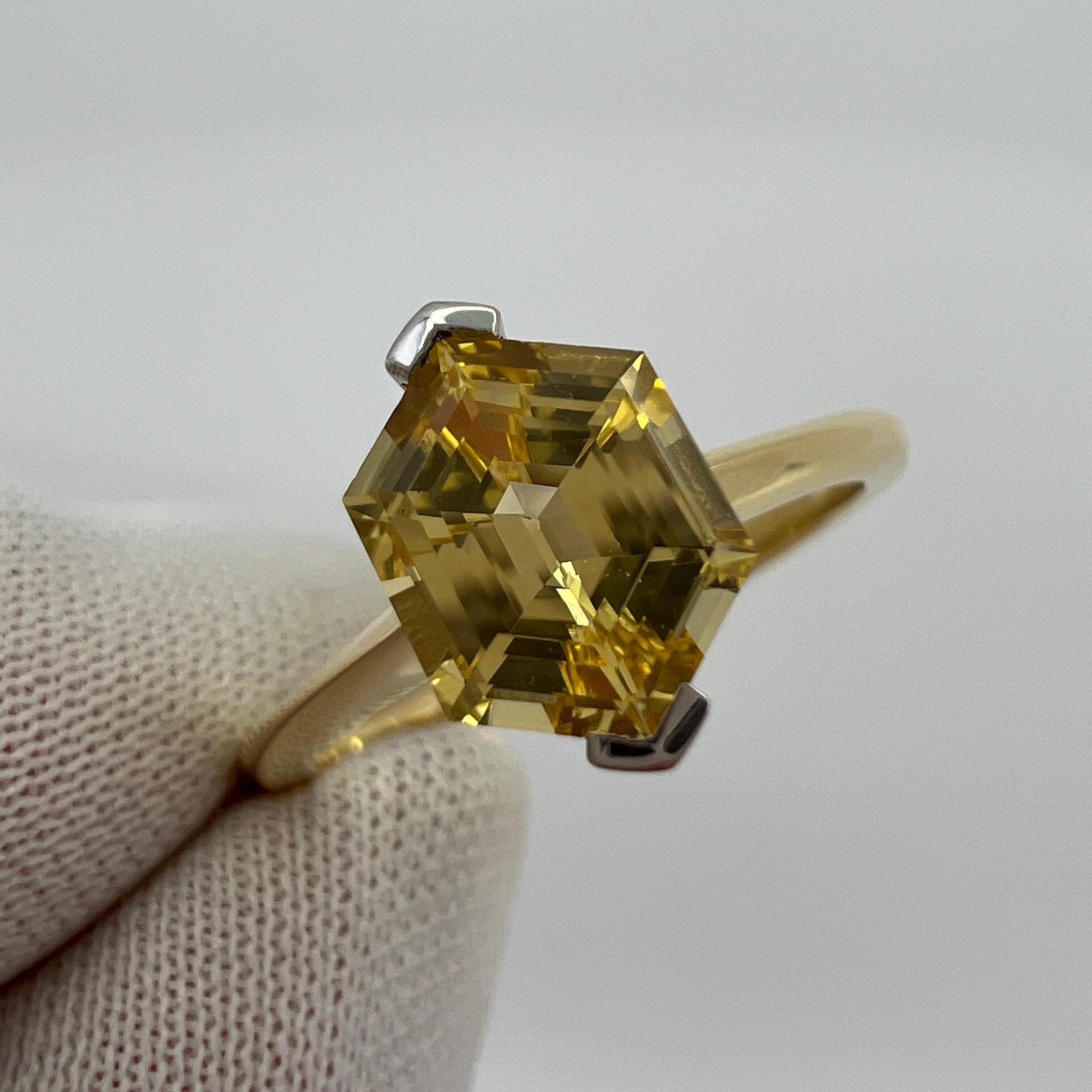 Women's or Men's Unique GIA Certified Untreated Yellow Ceylon Sapphire Fancy Hexagonal 18k Ring For Sale