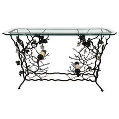 Table console unique en fer à motif de vigne et porte-bouteilles de style Giacometti
