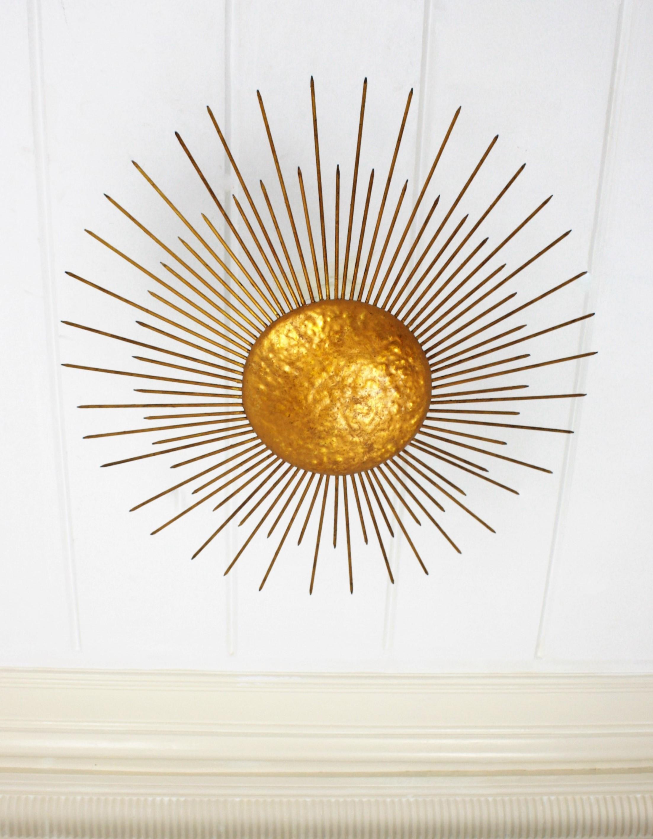 Unique Giant Size Neoclassical Gilt Iron Sunburst Light Fixture, France, 1940s 3