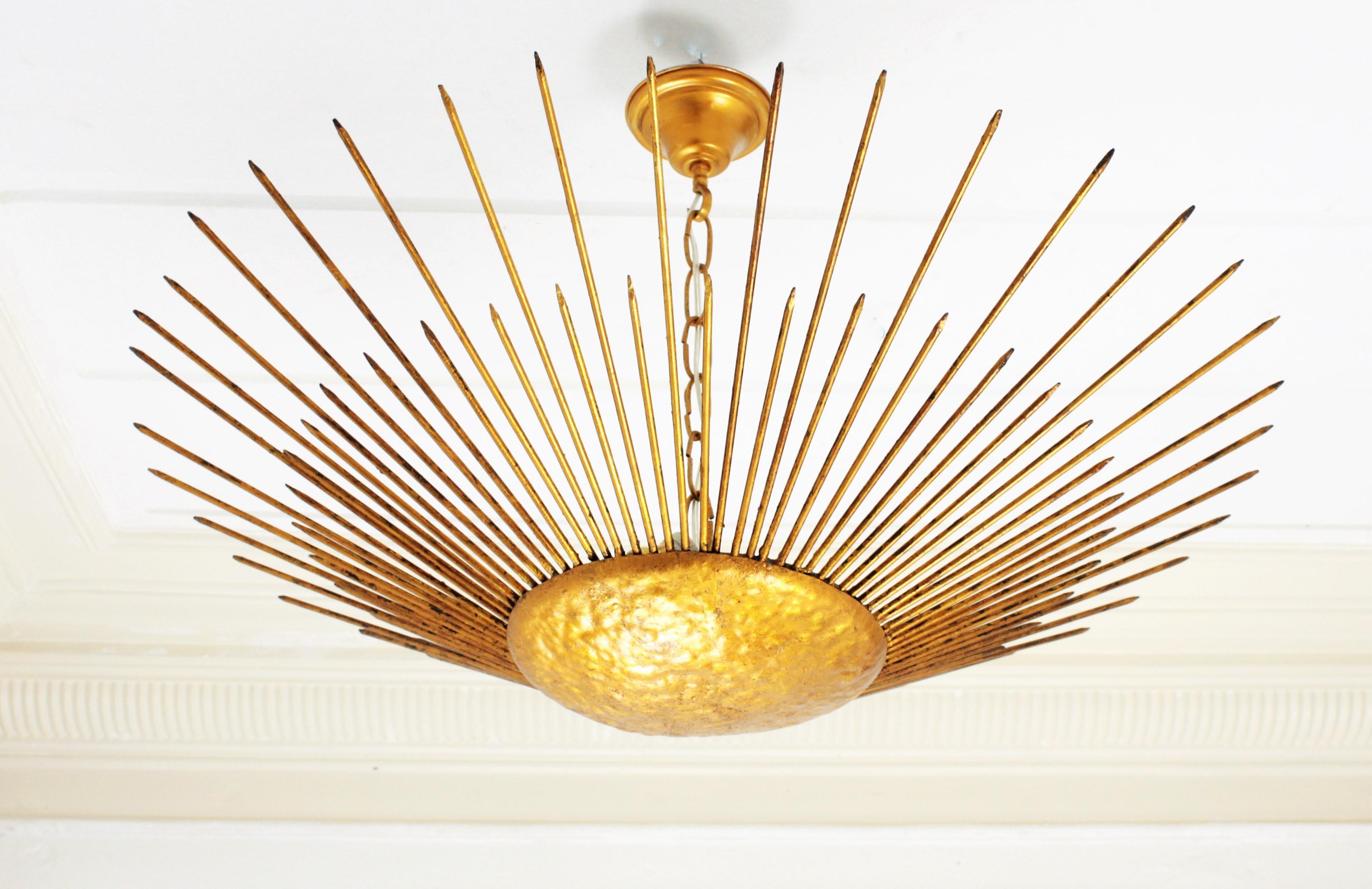 Unique Giant Size Neoclassical Gilt Iron Sunburst Light Fixture, France, 1940s In Excellent Condition In Barcelona, ES