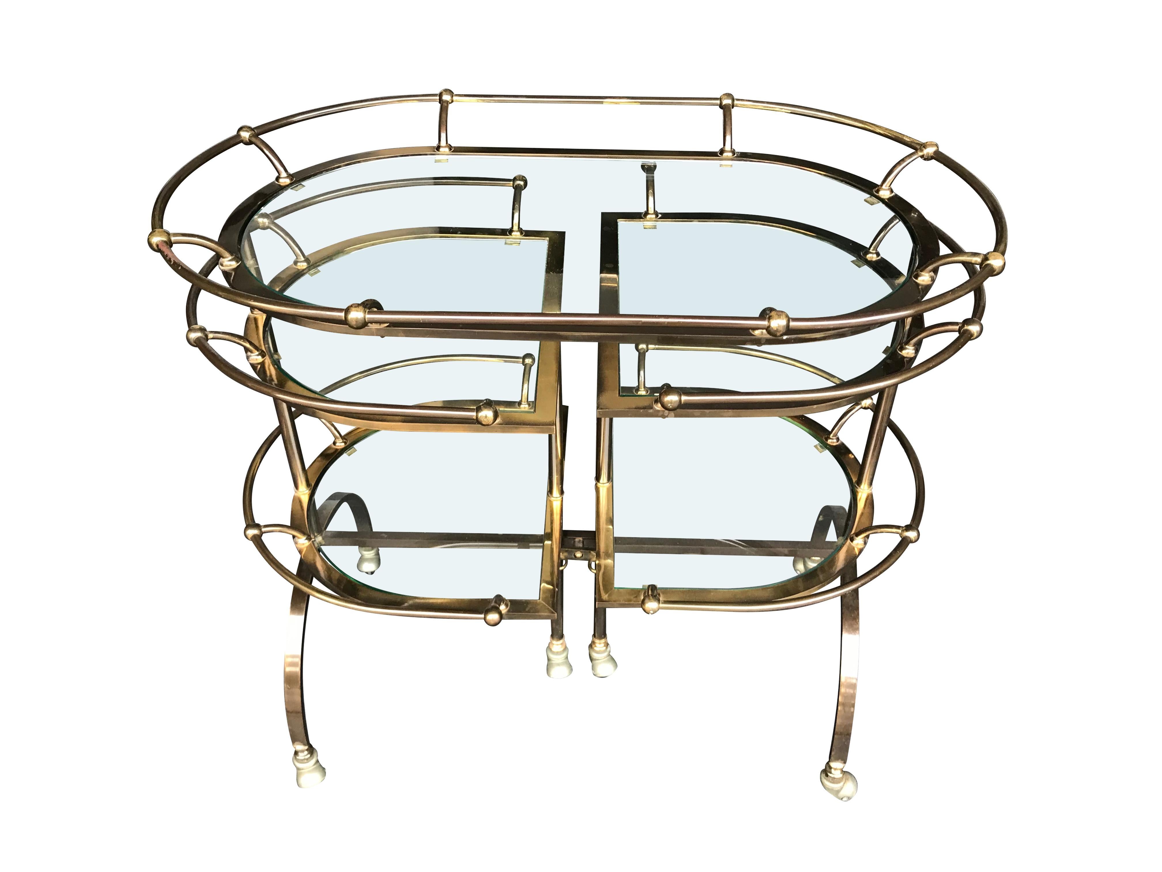 Mid-Century Modern Unique Gilt Metal Bar Trolley with Swing Out Shelves