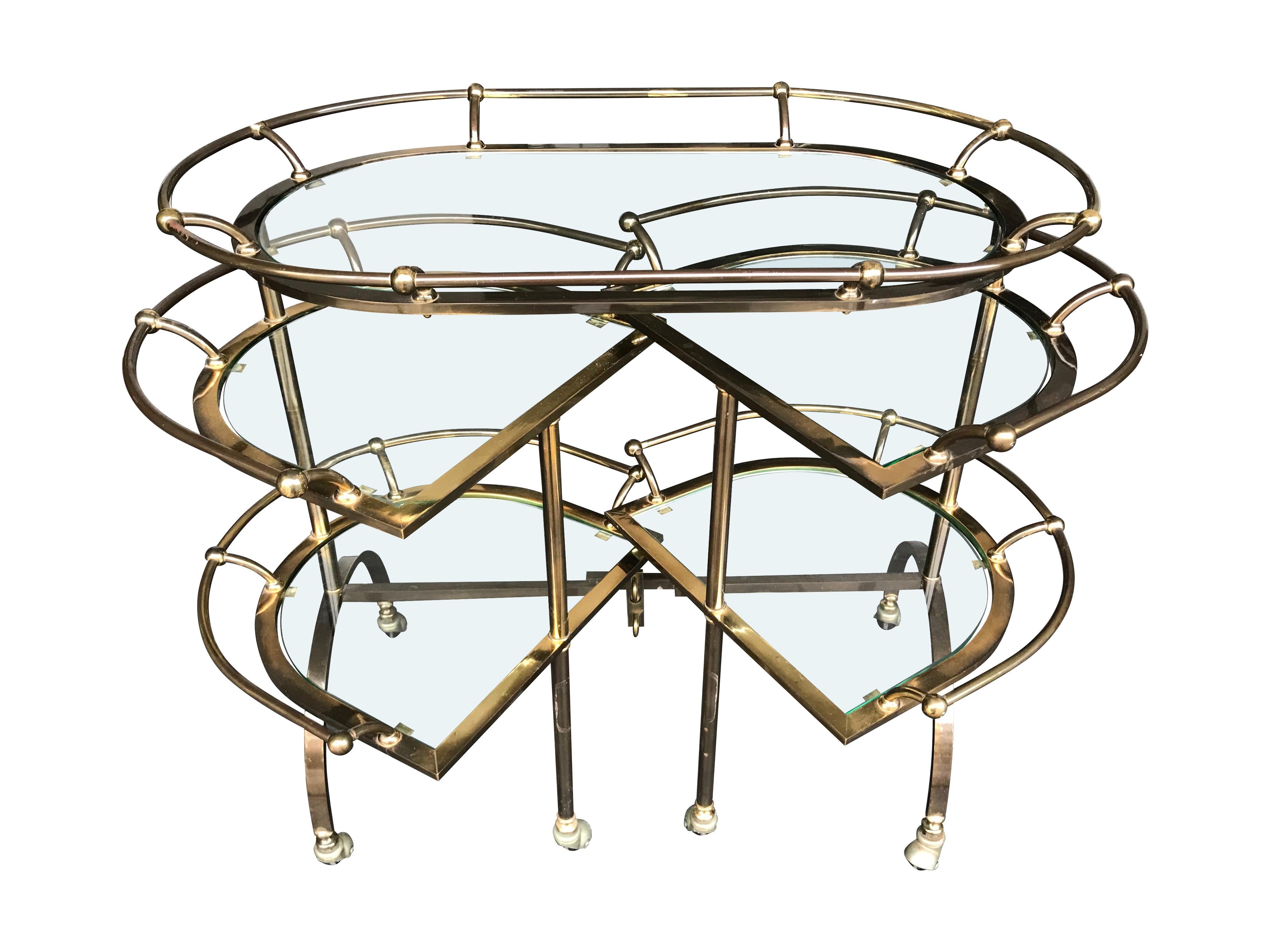 Italian Unique Gilt Metal Bar Trolley with Swing Out Shelves