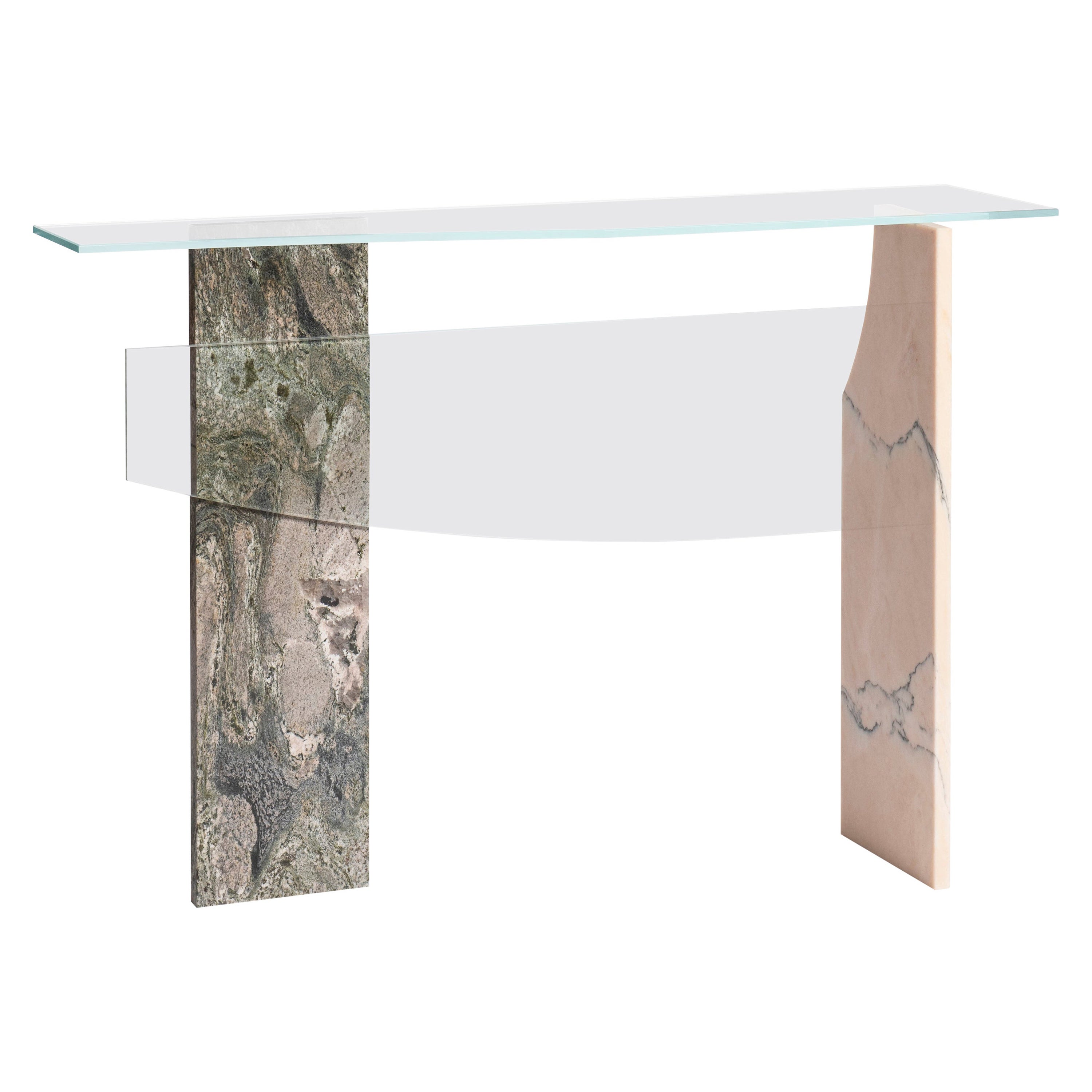 Console in vetro con gambe in marmo verde e giallo di Frederic Saulou