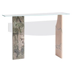 Unique Glass Console with Green and Yellow Marble Legs by Frederic Saulou