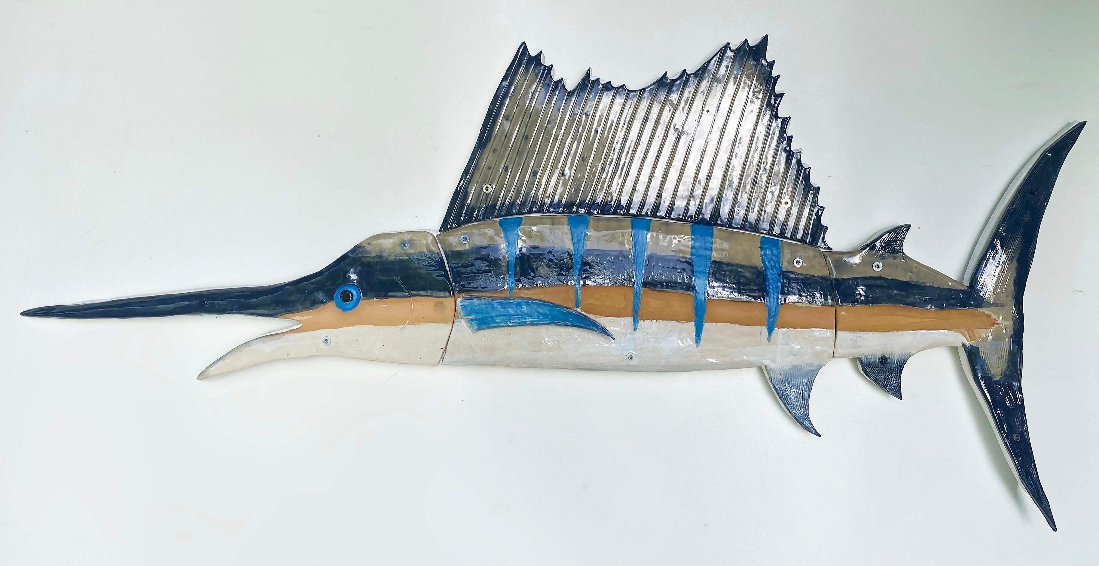 Hand-Crafted Unique Glazed Ceramic Sailfish Wall Sculpture by Florida Artist Rexx Fisher 1/1 For Sale