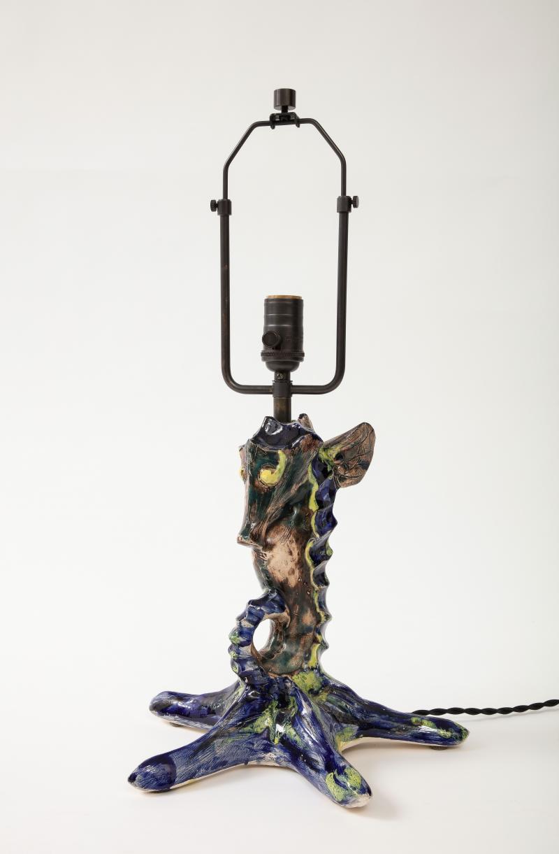 French Unique Glazed Ceramic Table Lamp in the Shape of a Seahorse, 20th Century For Sale