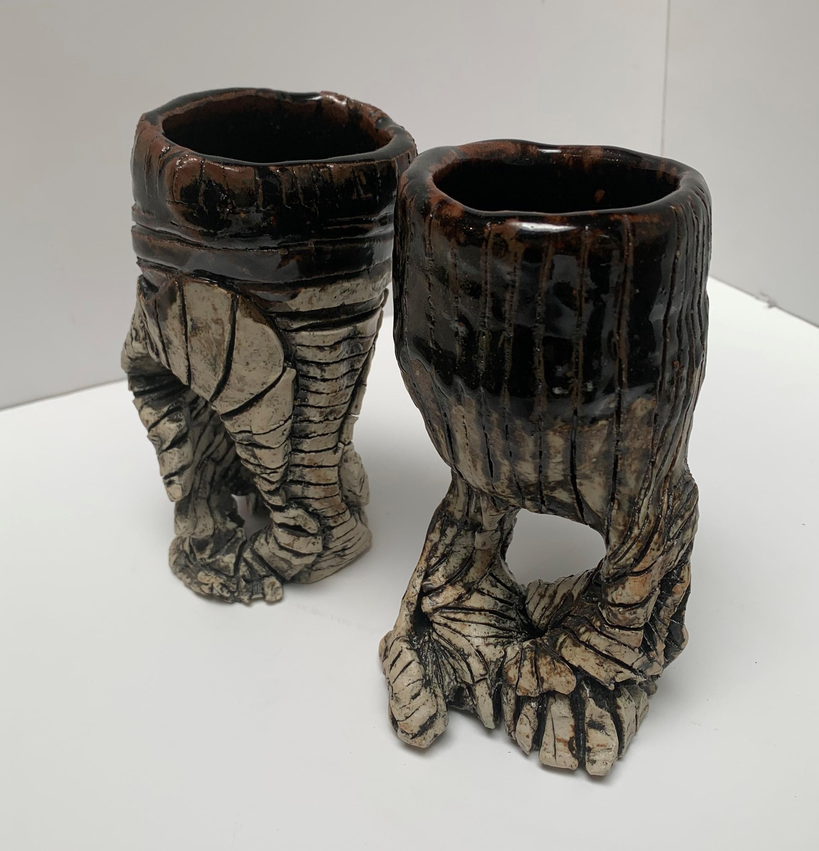 Unique earthenware goblets, figurative, glazed monochromatic.