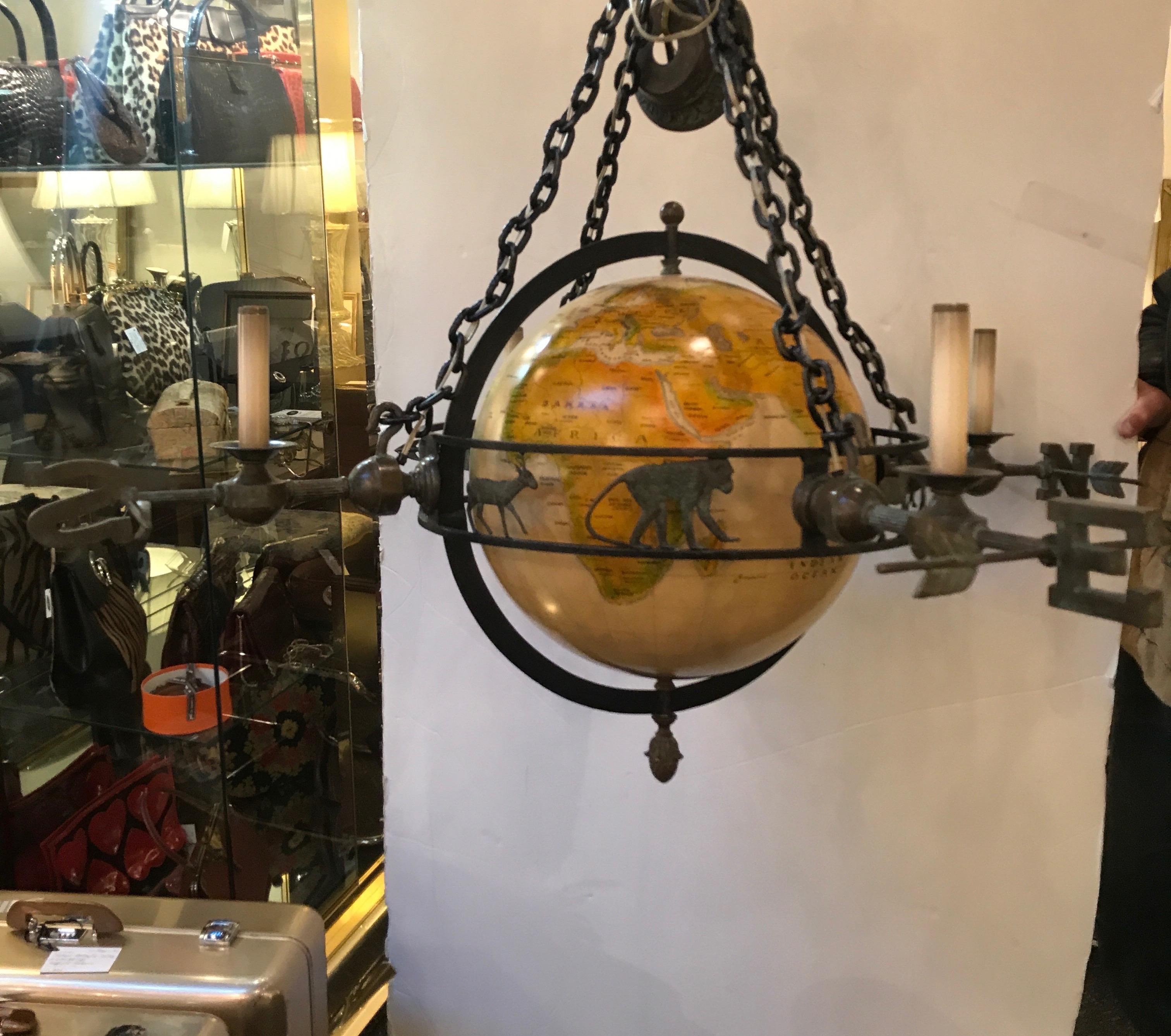Unique Globe and Bronze Chandelier In Good Condition In Lambertville, NJ