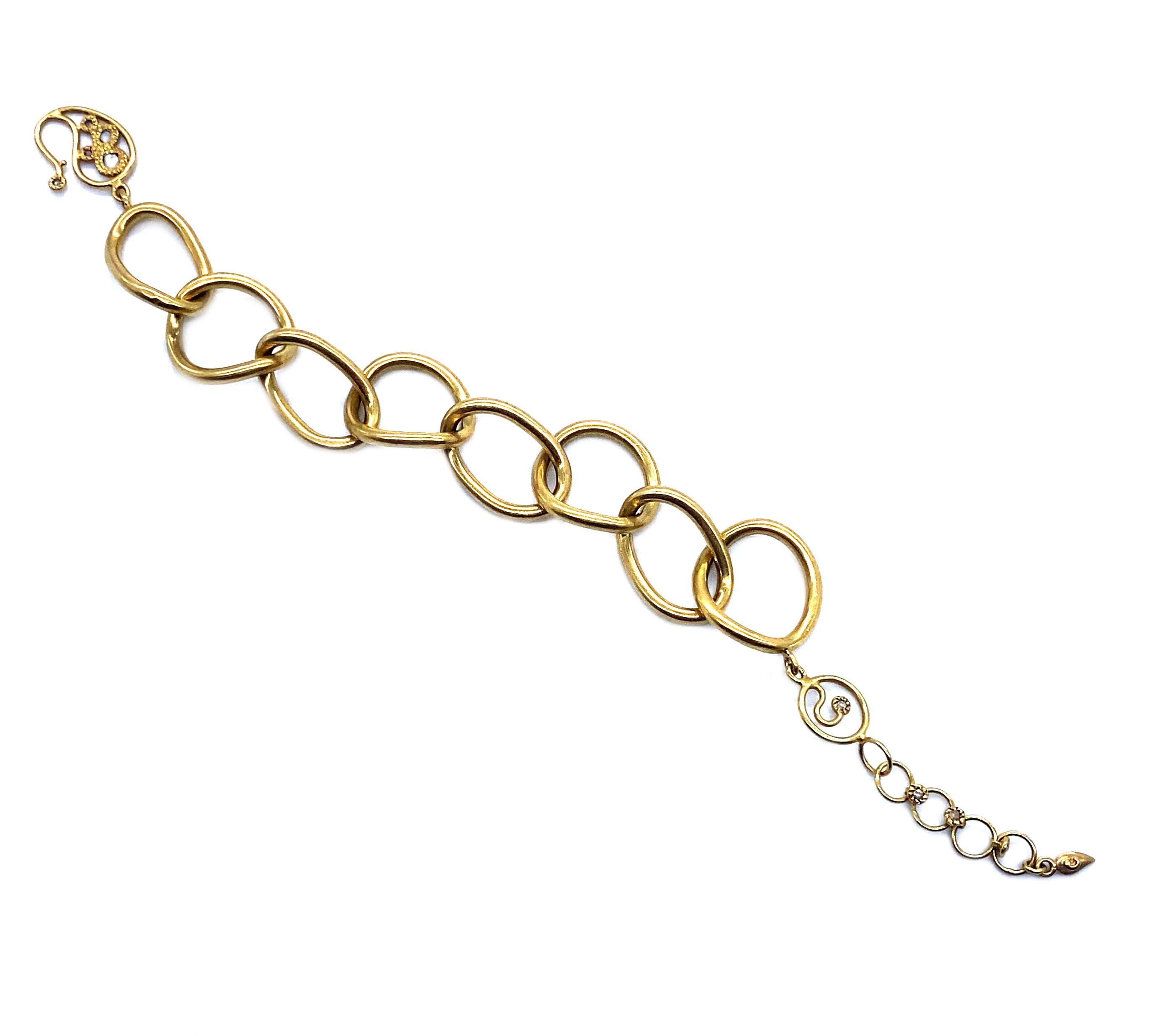 Antique 20 Karat Yellow Gold Bracelet with Round, Large Huggy Hoops and Set With 0.31 Carat Diamonds. The Links Are Solid Gold And The Bracelet Measure 7 Inches In Length. 
