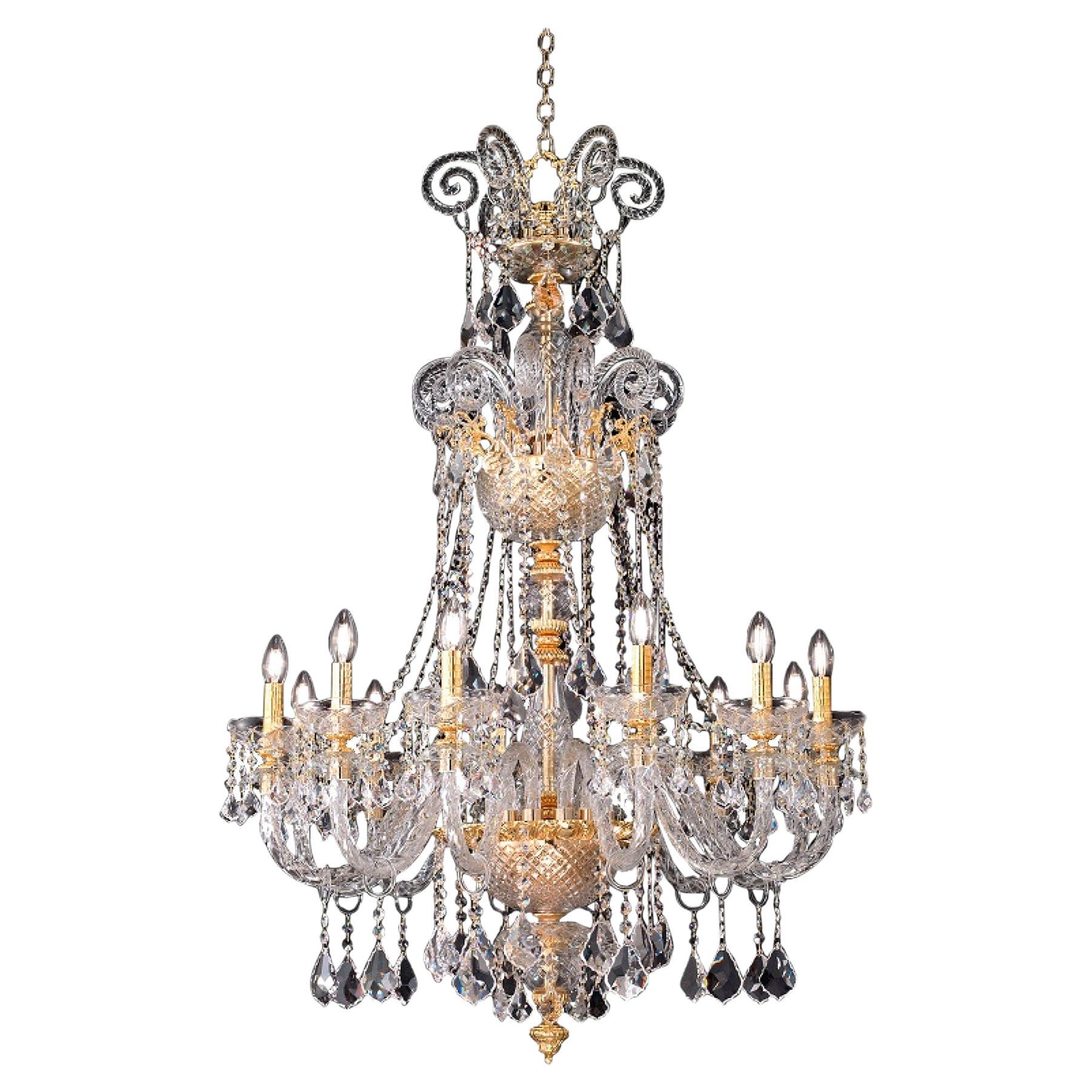 Unique Gold Plated 12 Lights Chandelier & Clear Scholer Crystal, Made in Italy