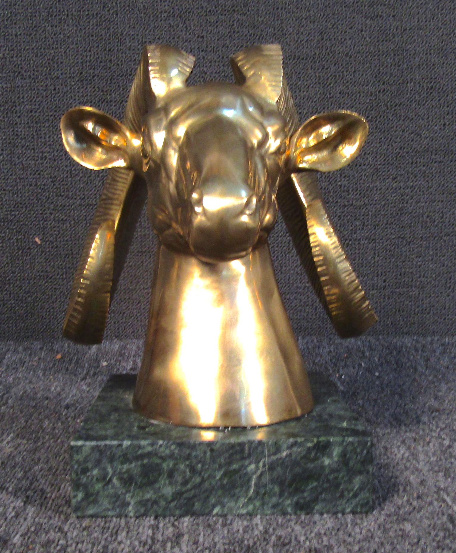 Mid-Century Modern Unique Golden Goats Head Sculpture on Marble Base For Sale