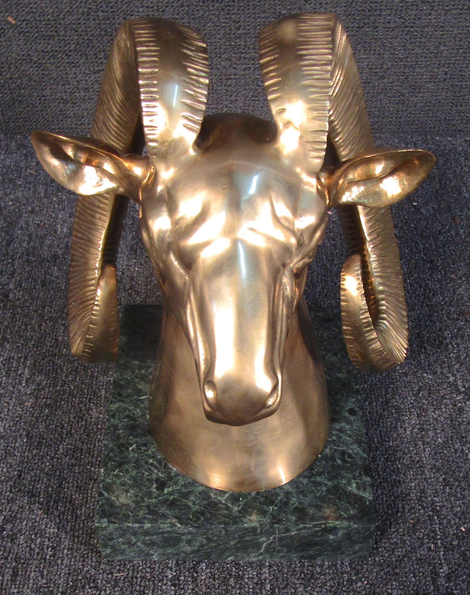Unique Golden Goats Head Sculpture on Marble Base In Good Condition For Sale In Brooklyn, NY