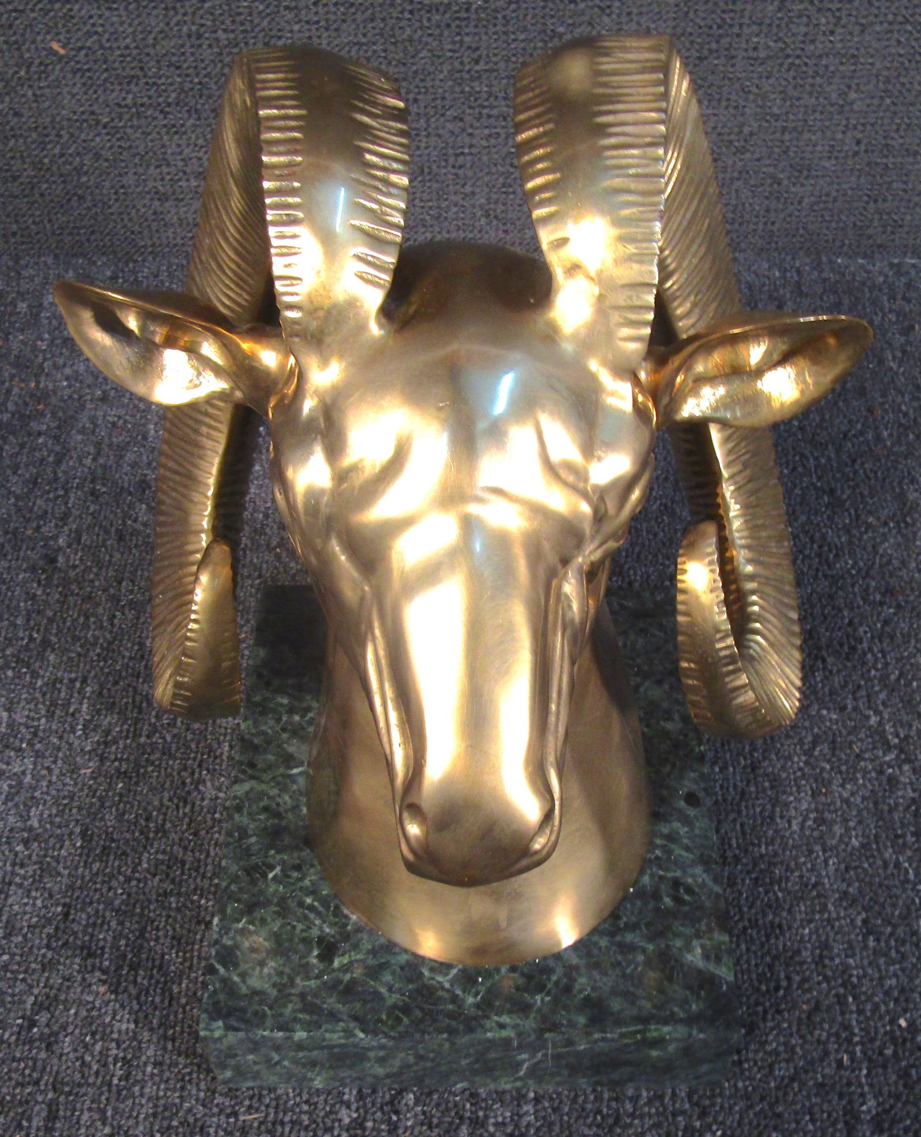 20th Century Unique Golden Goats Head Sculpture on Marble Base For Sale
