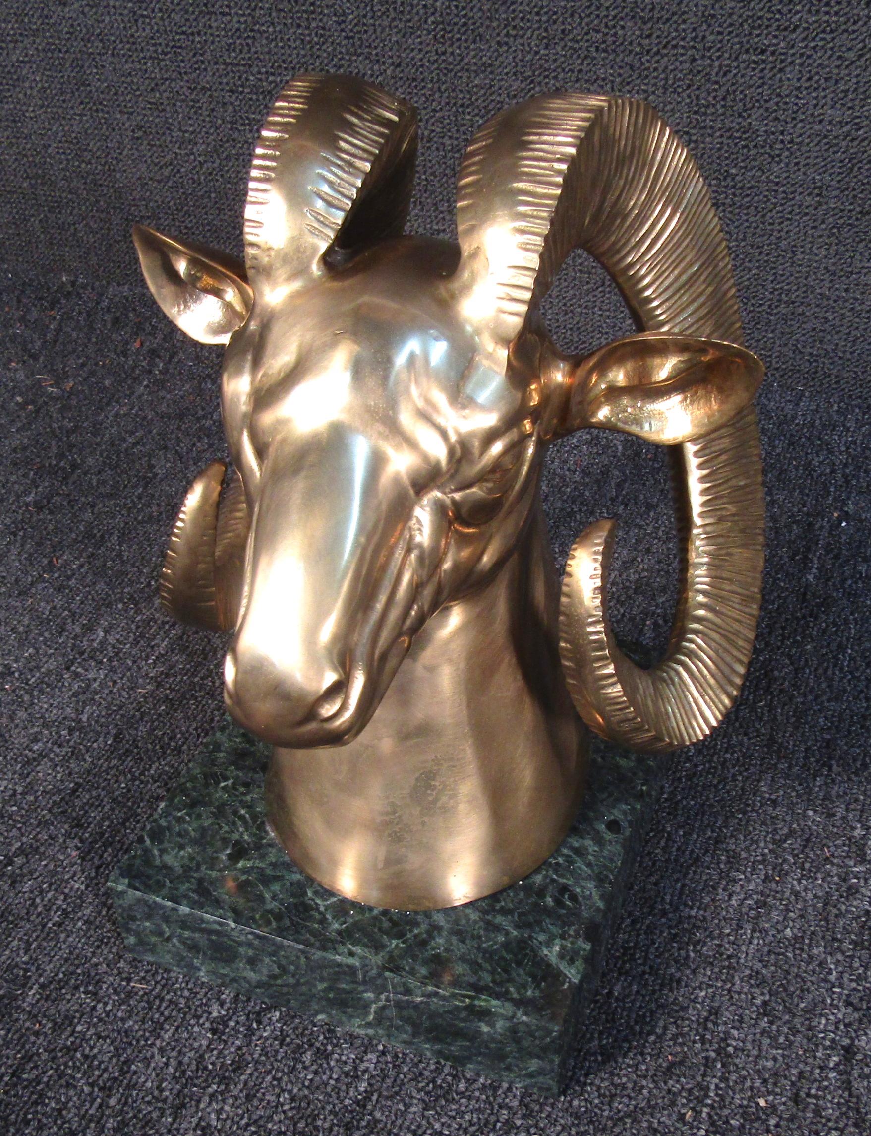 Metal Unique Golden Goats Head Sculpture on Marble Base For Sale