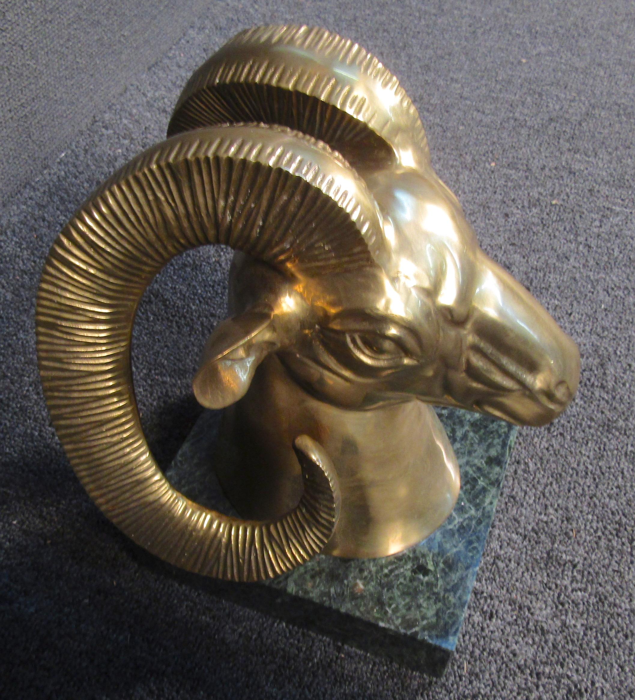 Unique Golden Goats Head Sculpture on Marble Base For Sale 1
