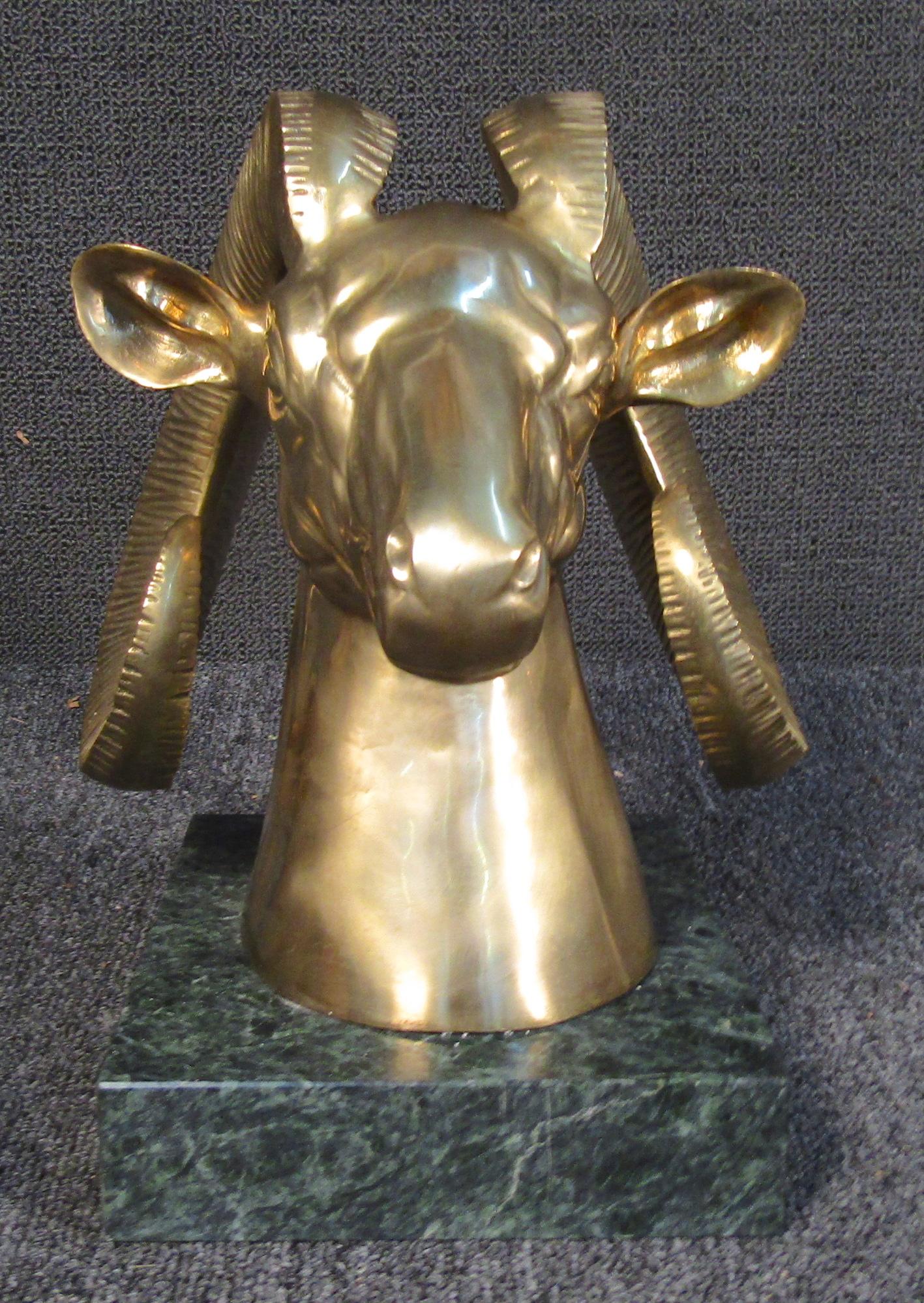 Unique Golden Goats Head Sculpture on Marble Base For Sale 2