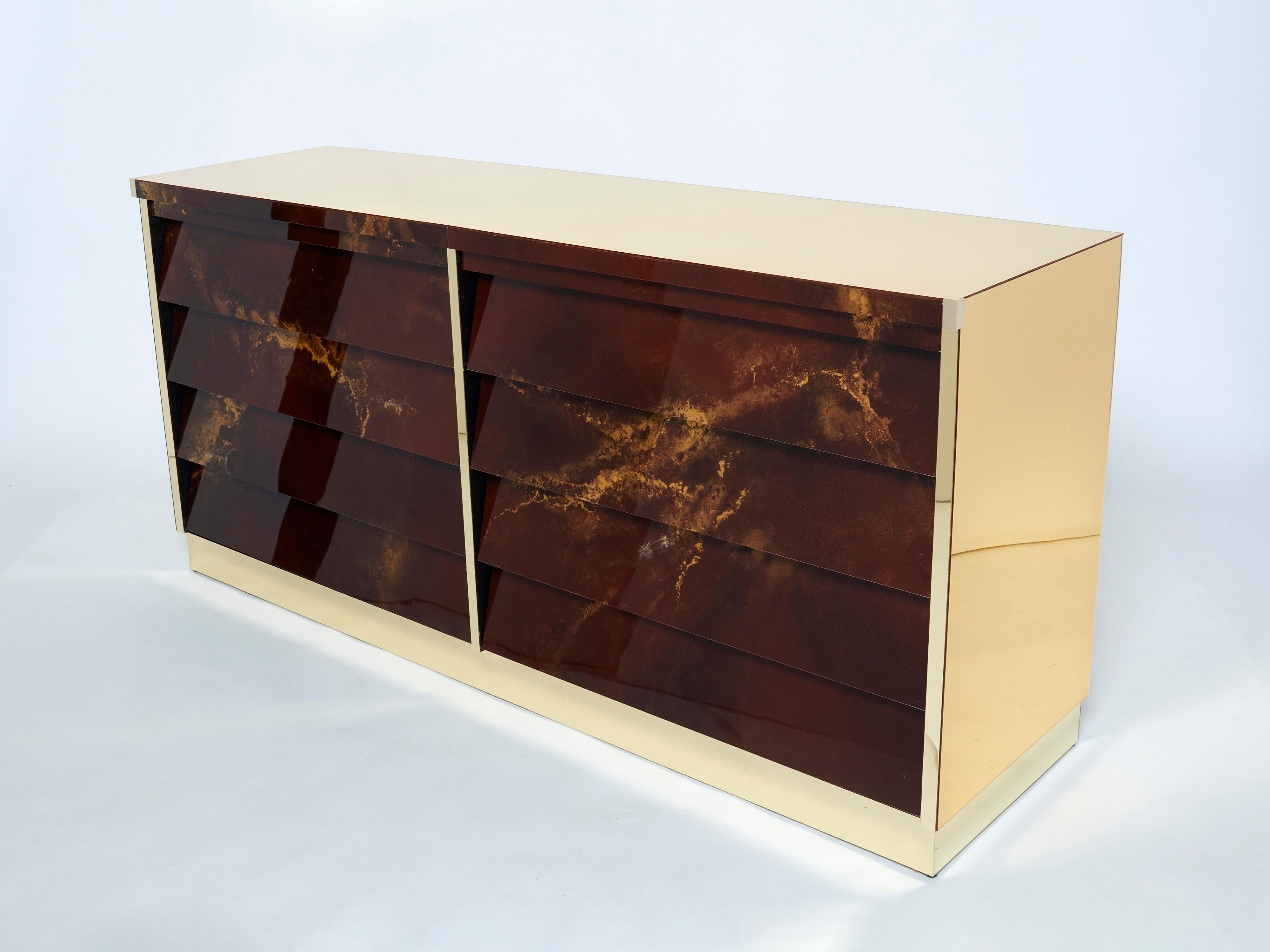 Mid-Century Modern Unique Golden Lacquer Brass Maison Jansen Sideboard Commode, 1970s For Sale