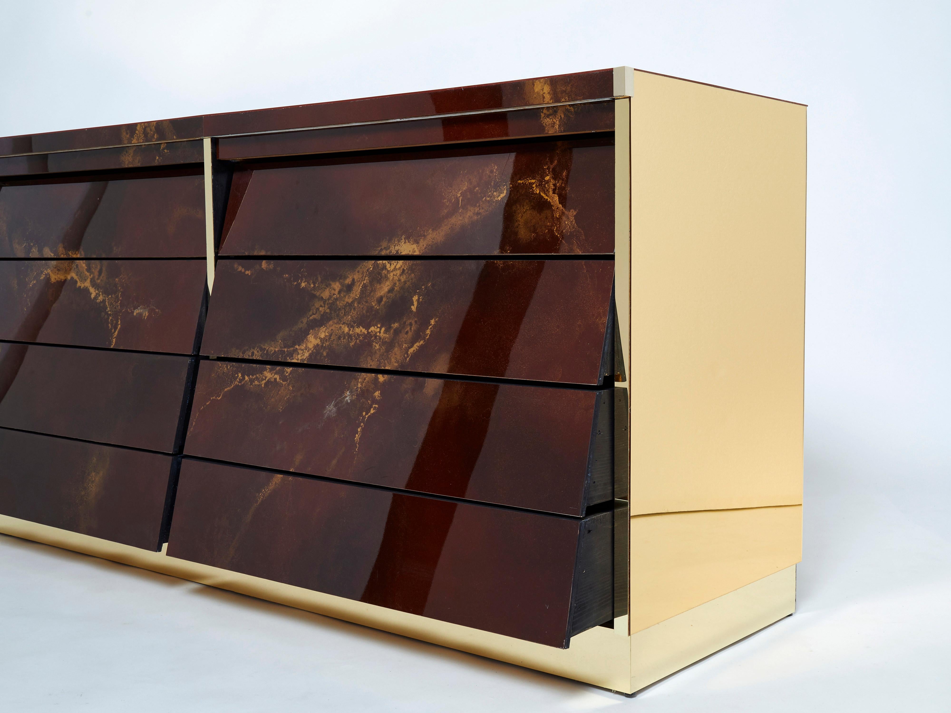 French Unique Golden Lacquer Brass Maison Jansen Sideboard Commode, 1970s For Sale