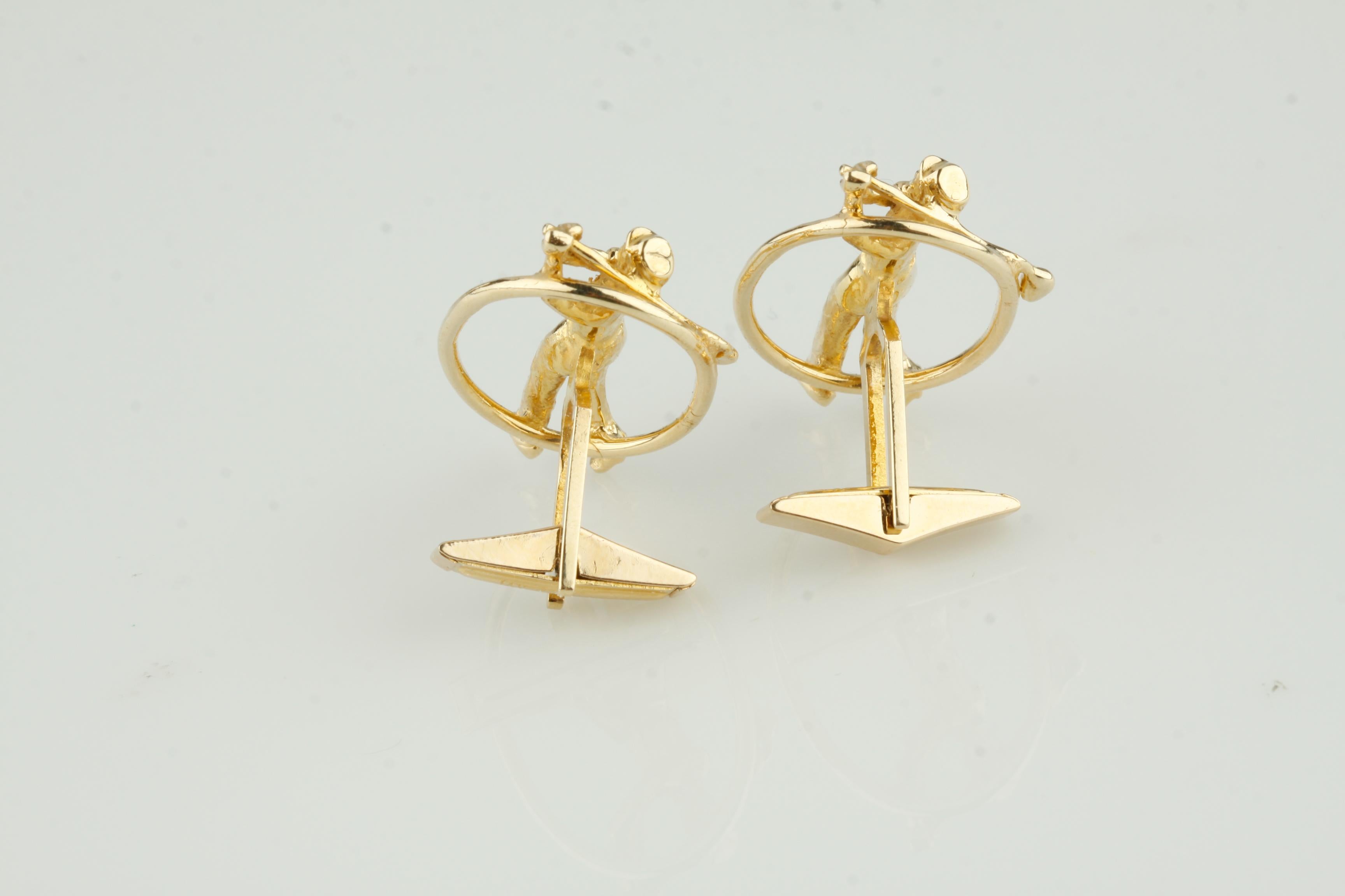 Unique cufflinks for any Golf enthusiast
Design: Golf Player swinging club with halo around player 
14K Yellow gold 
14.1 grams 