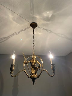 Unique Gothic Revival Chandelier / Pendant w. Bronze Medieval Guard Sculpture