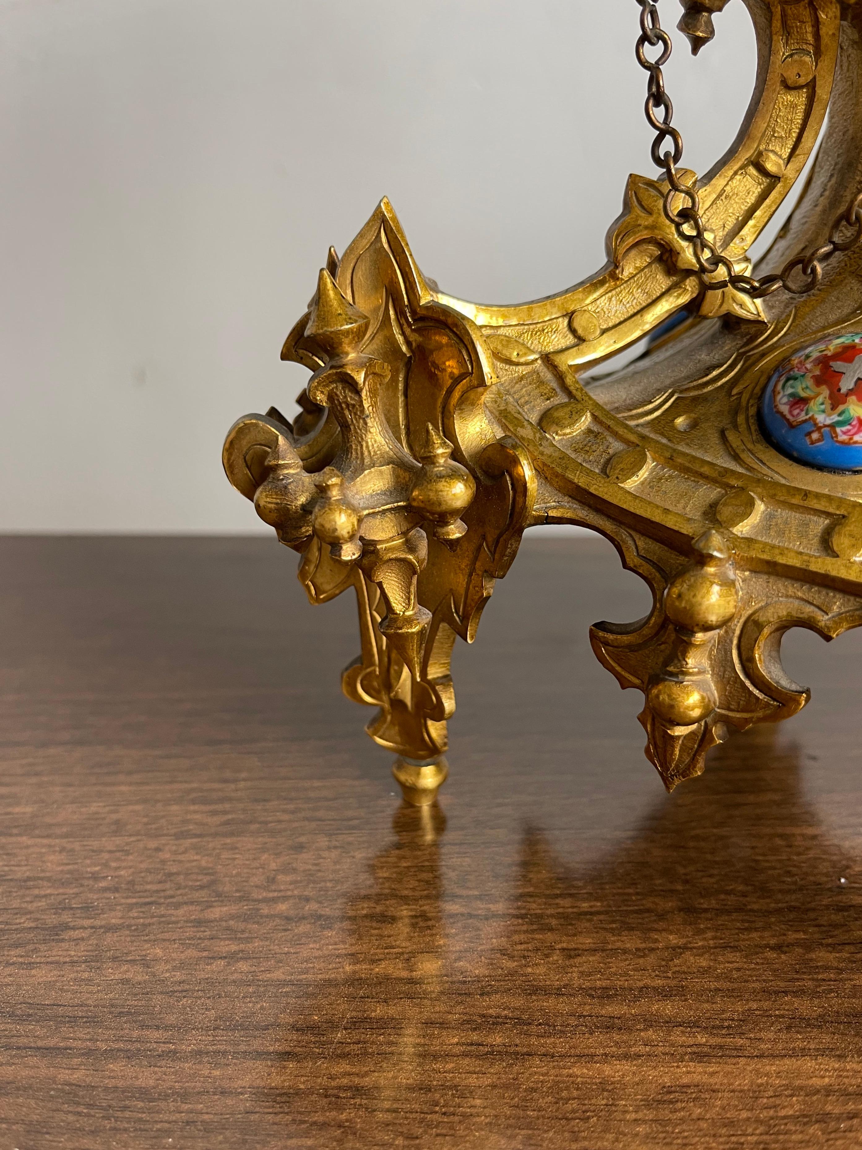 Unique Gothic Revival Gilt Bronze Table or Desk Clock w Rare Porcelain Plaques For Sale 3
