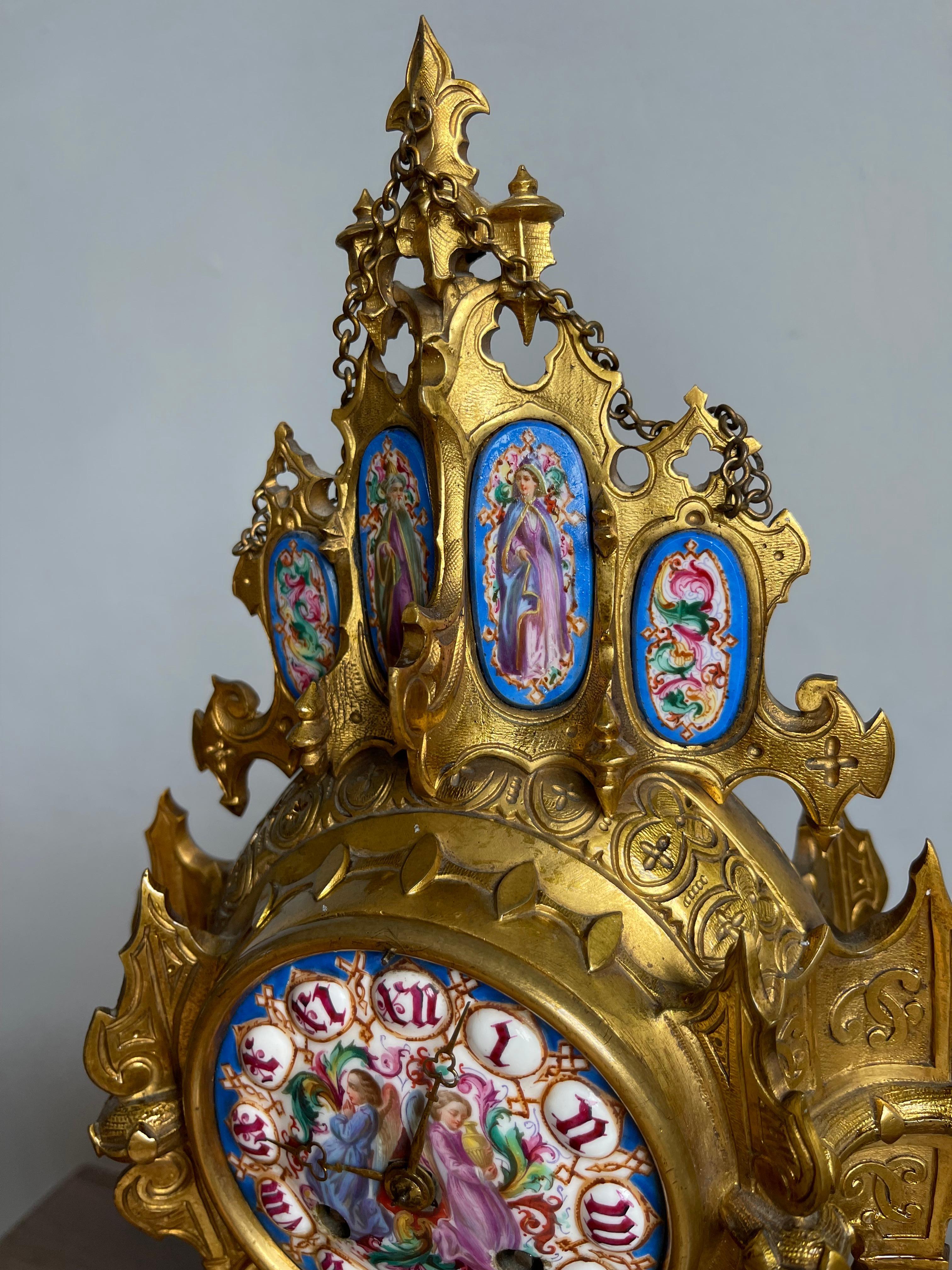 Unique Gothic Revival Gilt Bronze Mantle or Desk Clock w Rare Porcelain Plaques For Sale 5