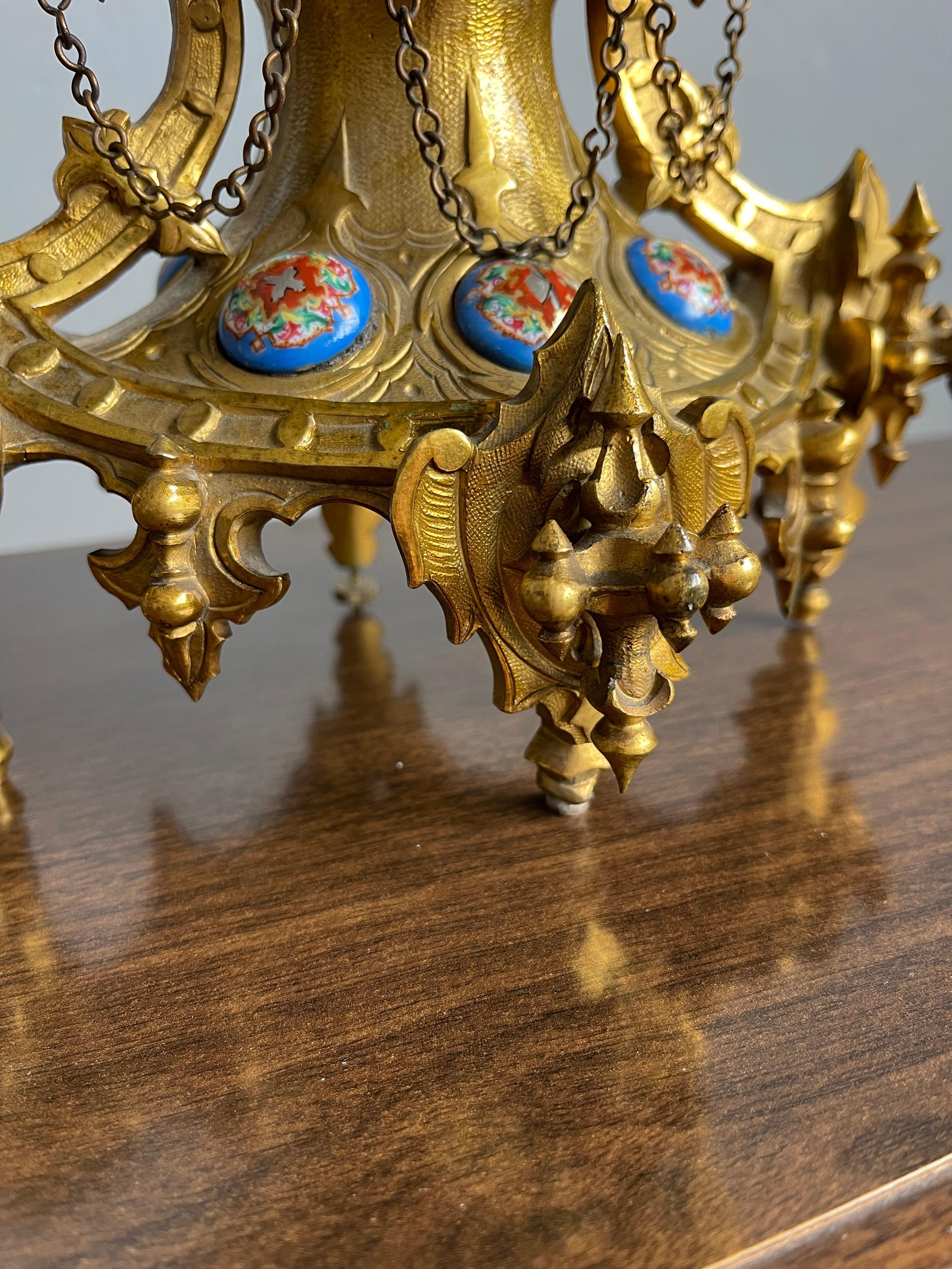 Unique Gothic Revival Gilt Bronze Table or Desk Clock w Rare Porcelain Plaques For Sale 7