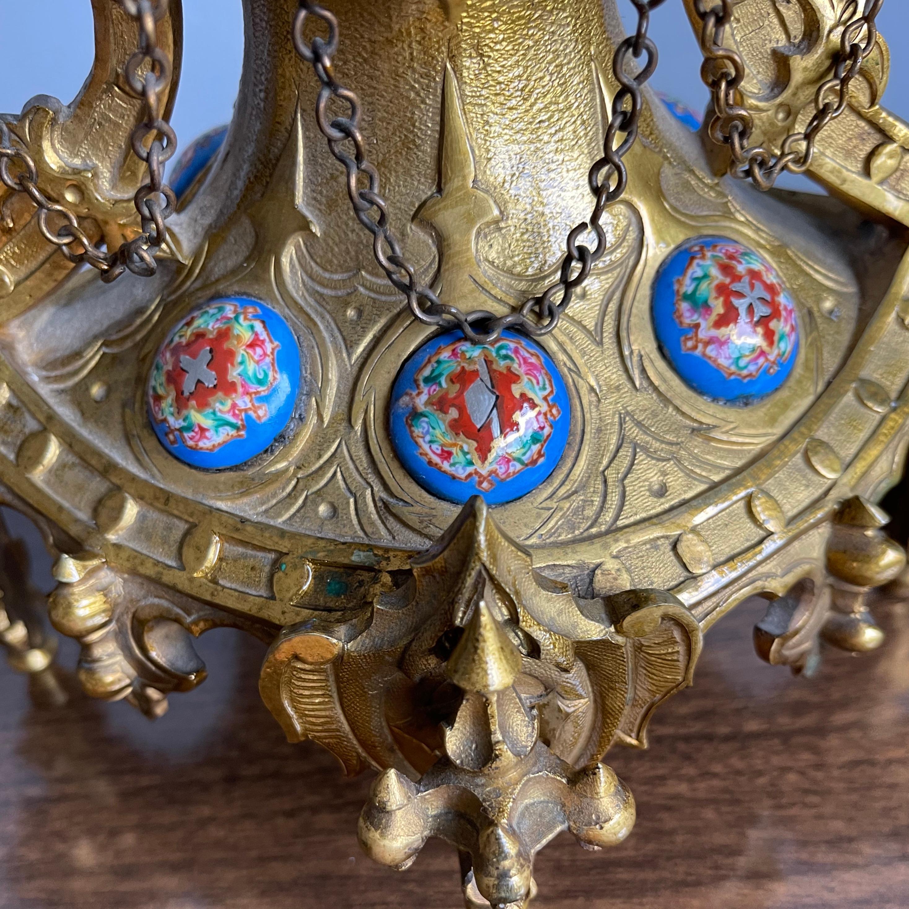 Unique Gothic Revival Gilt Bronze Mantle or Desk Clock w Rare Porcelain Plaques For Sale 8