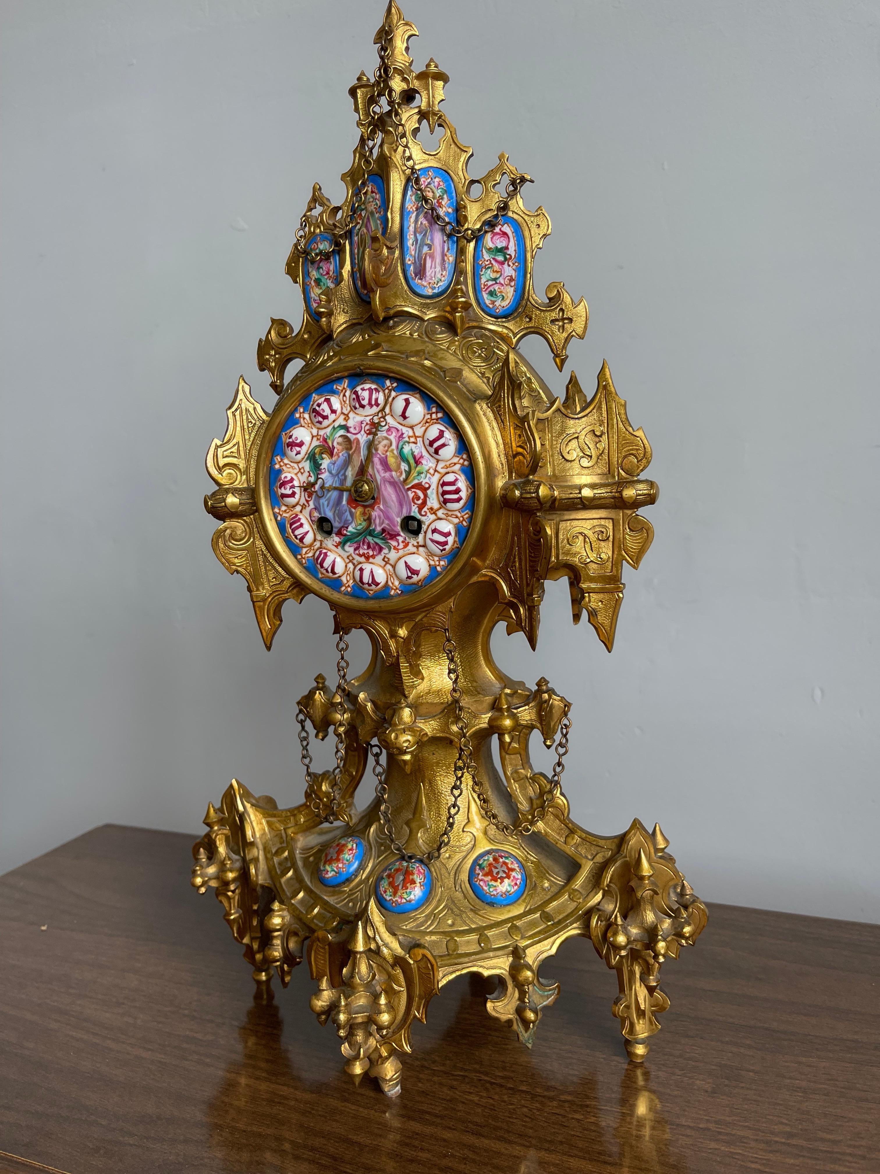 Unique Gothic Revival Gilt Bronze Mantle or Desk Clock w Rare Porcelain Plaques For Sale 9
