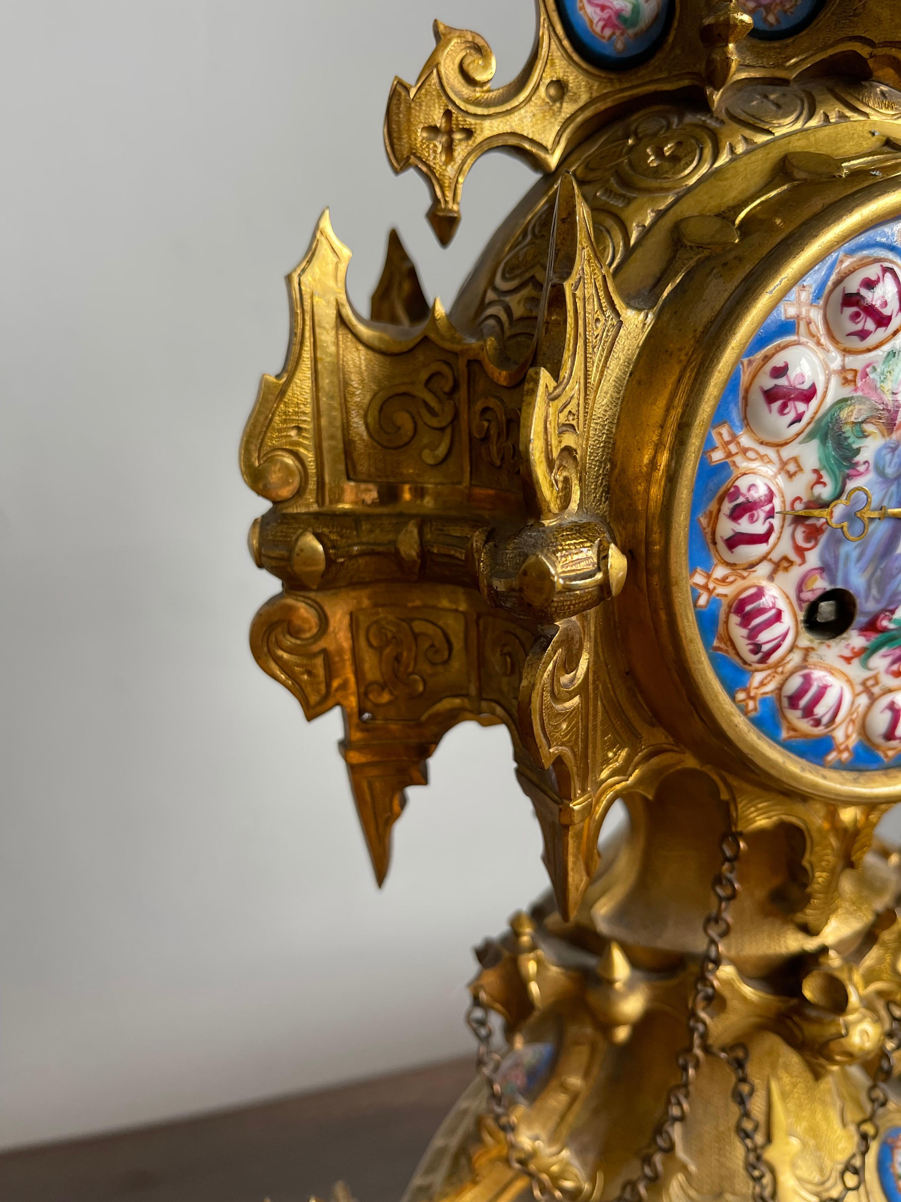 Unique Gothic Revival Gilt Bronze Mantle or Desk Clock w Rare Porcelain Plaques For Sale 10