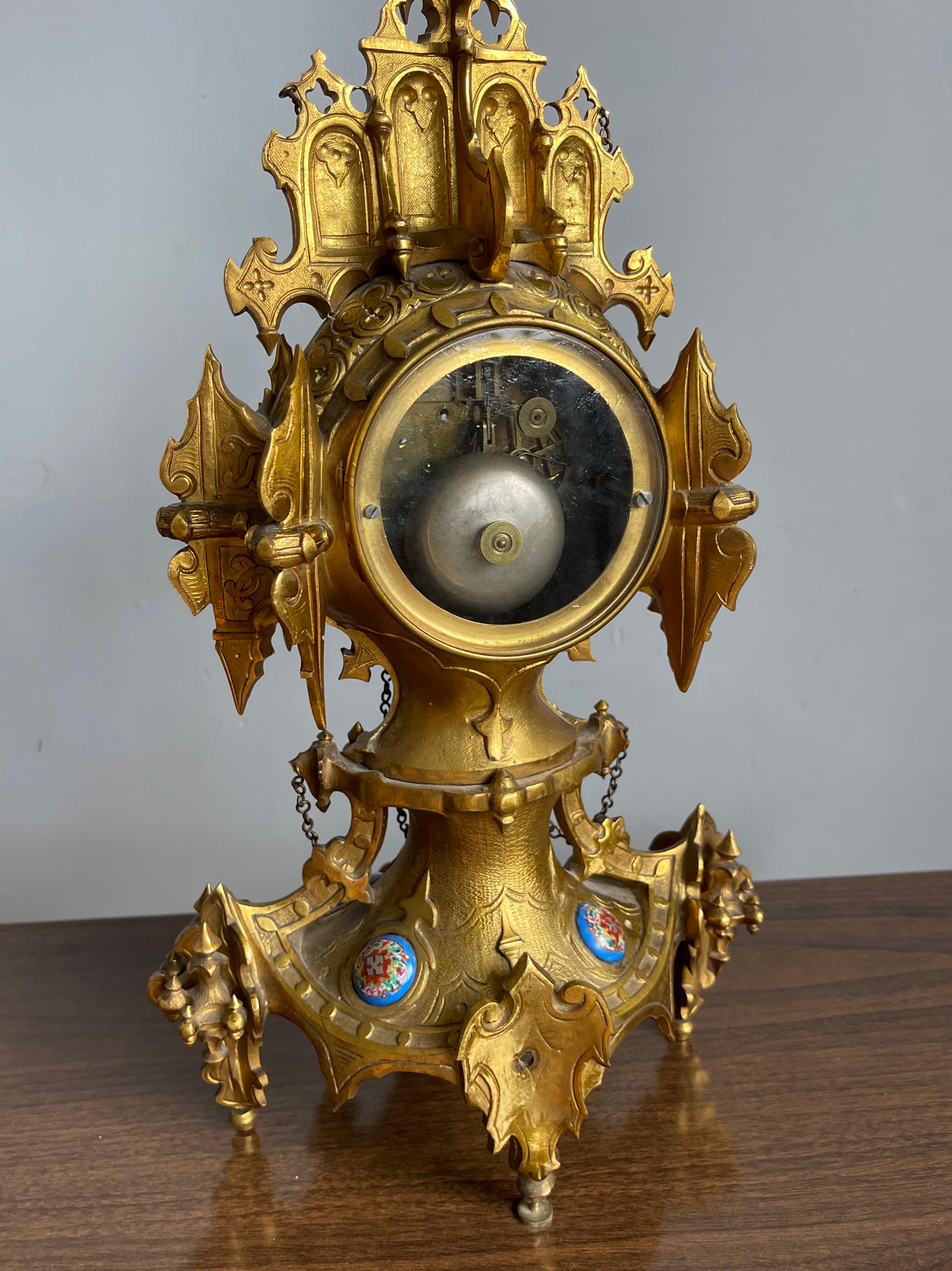 Unique Gothic Revival Gilt Bronze Mantle or Desk Clock w Rare Porcelain Plaques For Sale 11