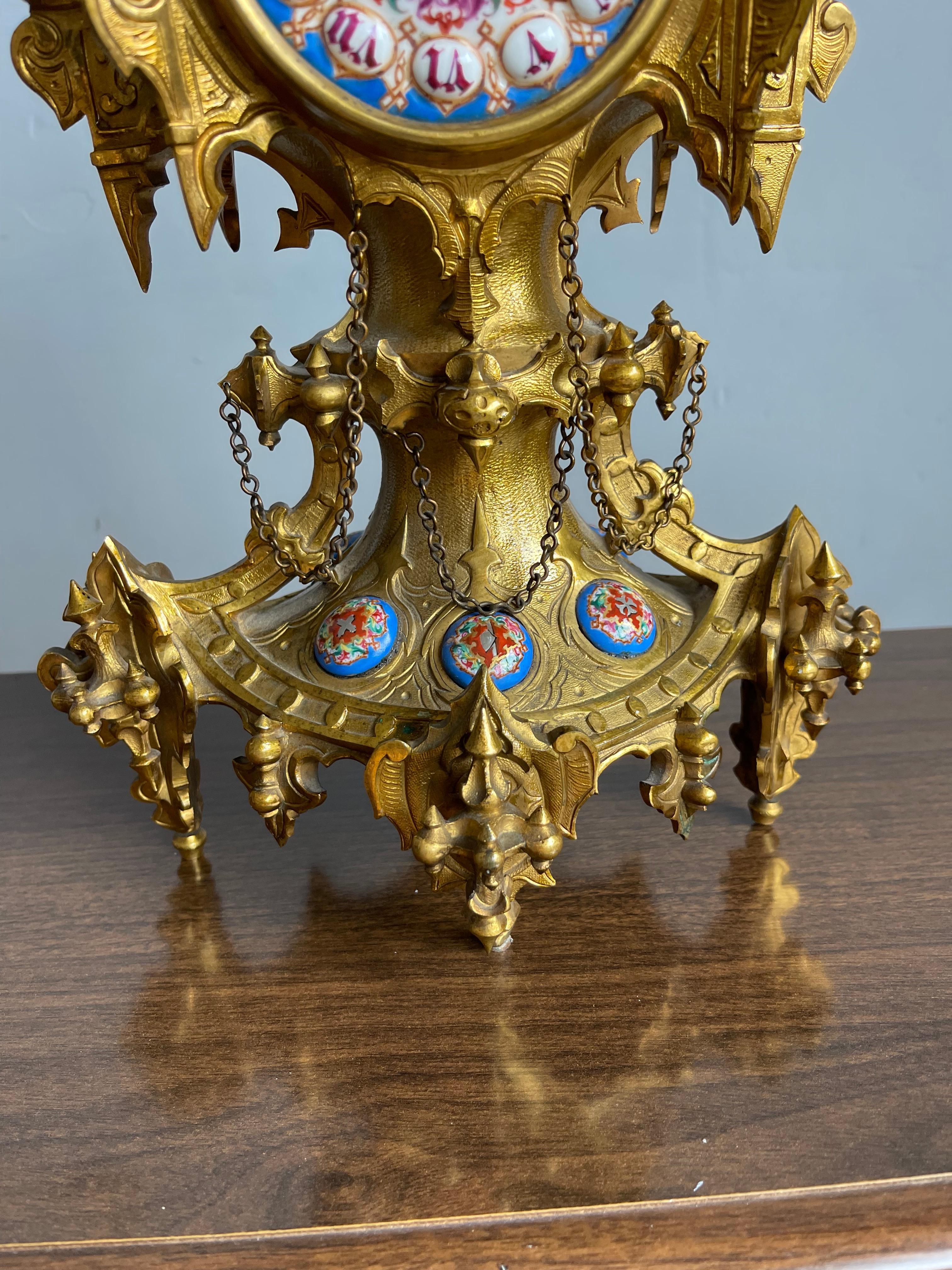 German Unique Gothic Revival Gilt Bronze Table or Desk Clock w Rare Porcelain Plaques For Sale