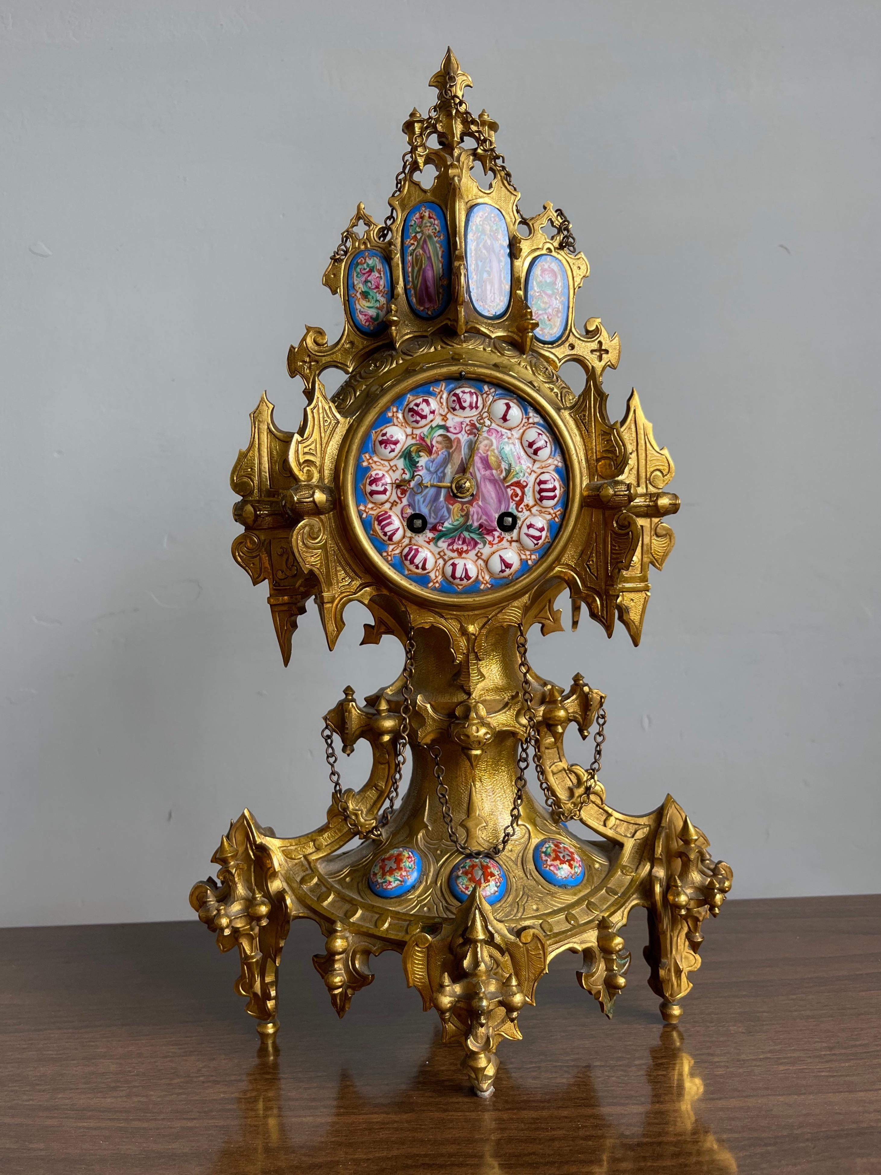 Hand-Crafted Unique Gothic Revival Gilt Bronze Mantle or Desk Clock w Rare Porcelain Plaques For Sale