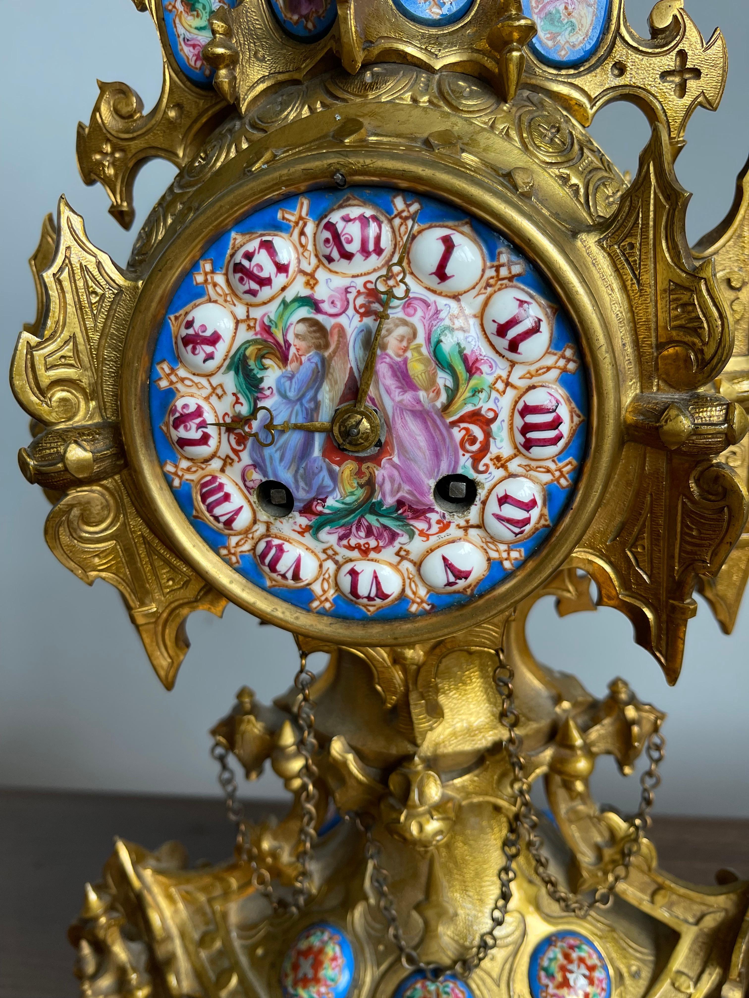 19th Century Unique Gothic Revival Gilt Bronze Table or Desk Clock w Rare Porcelain Plaques For Sale