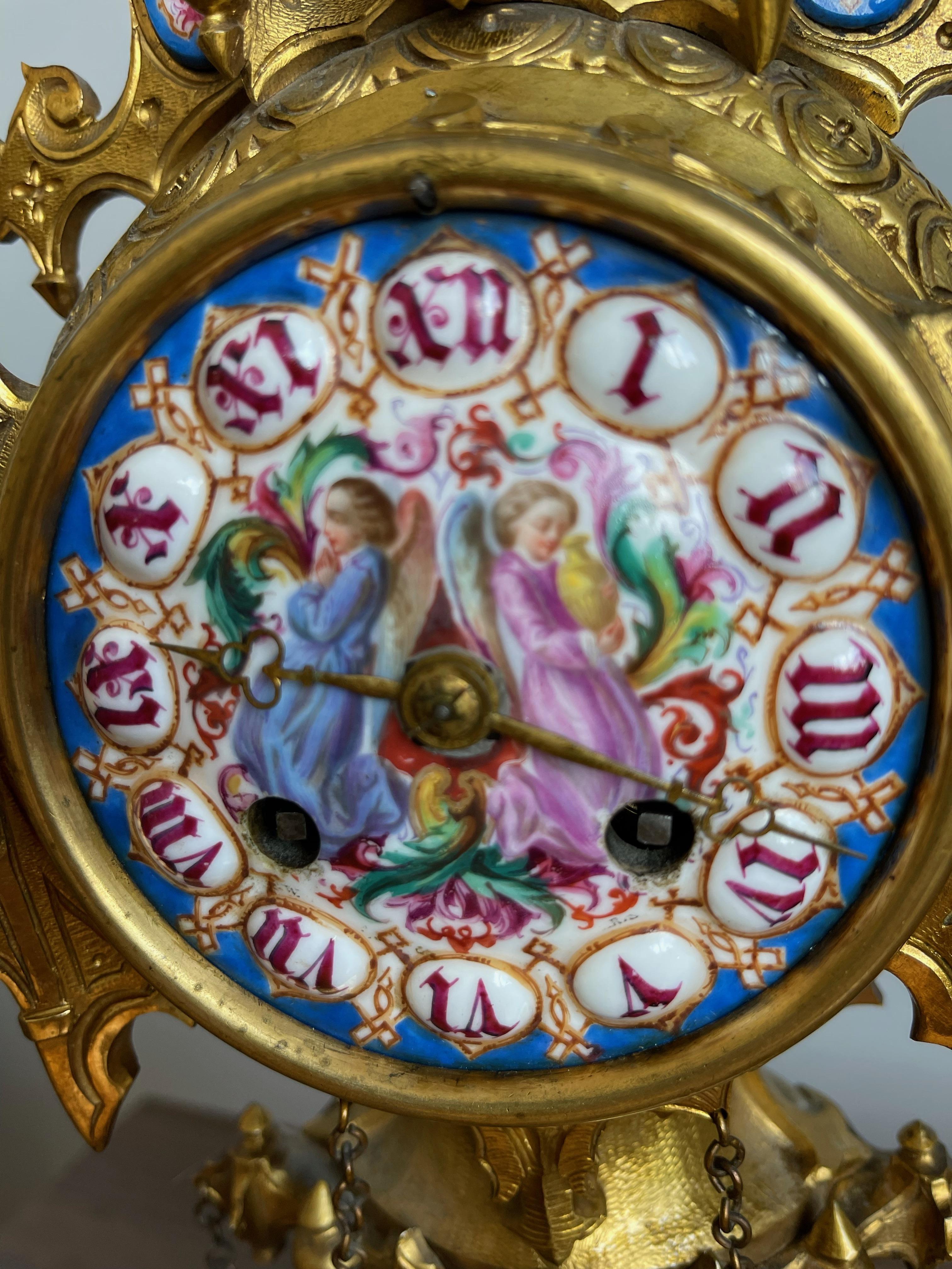 Unique Gothic Revival Gilt Bronze Mantle or Desk Clock w Rare Porcelain Plaques For Sale 1