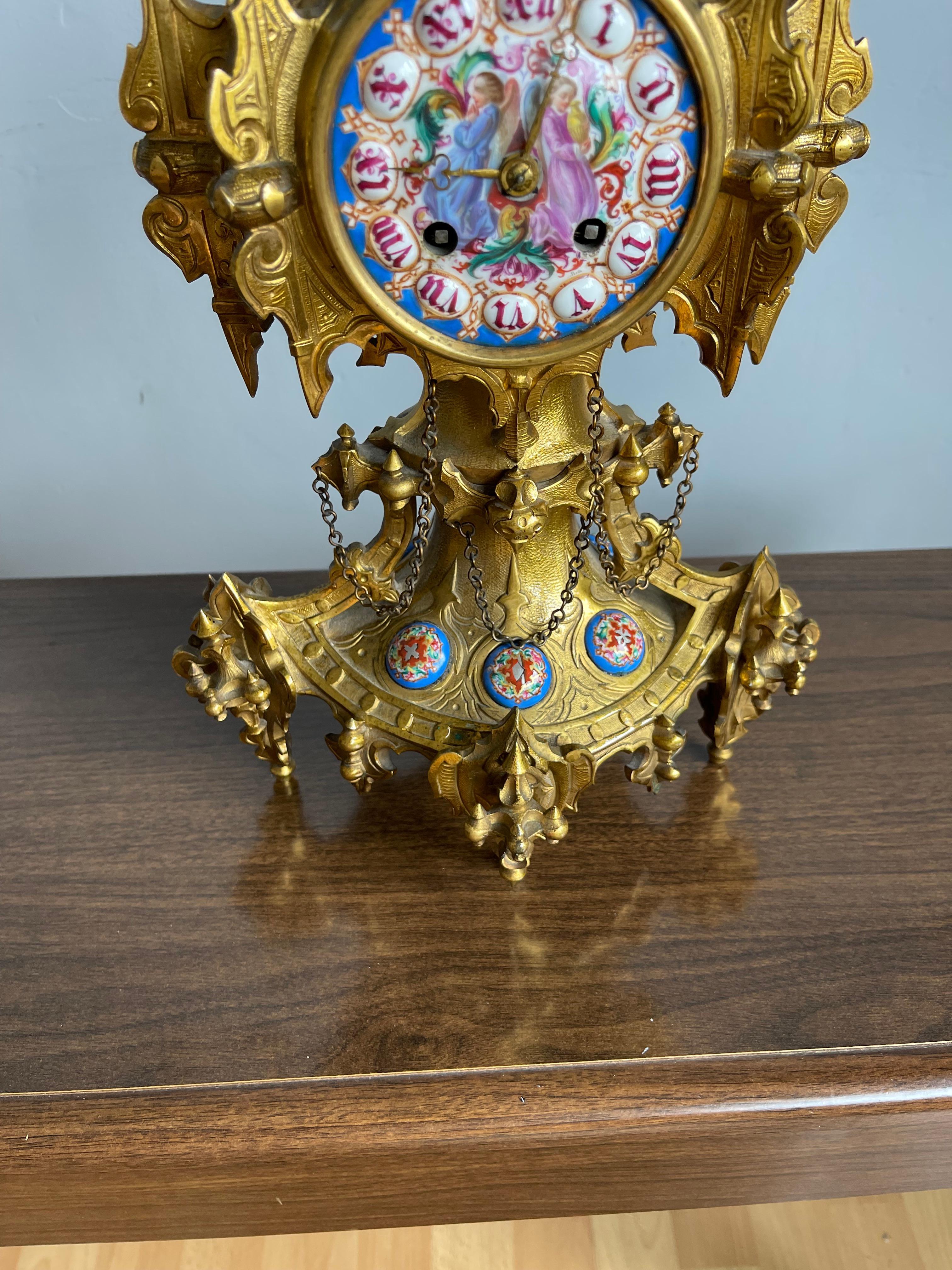 Unique Gothic Revival Gilt Bronze Mantle or Desk Clock w Rare Porcelain Plaques For Sale 2