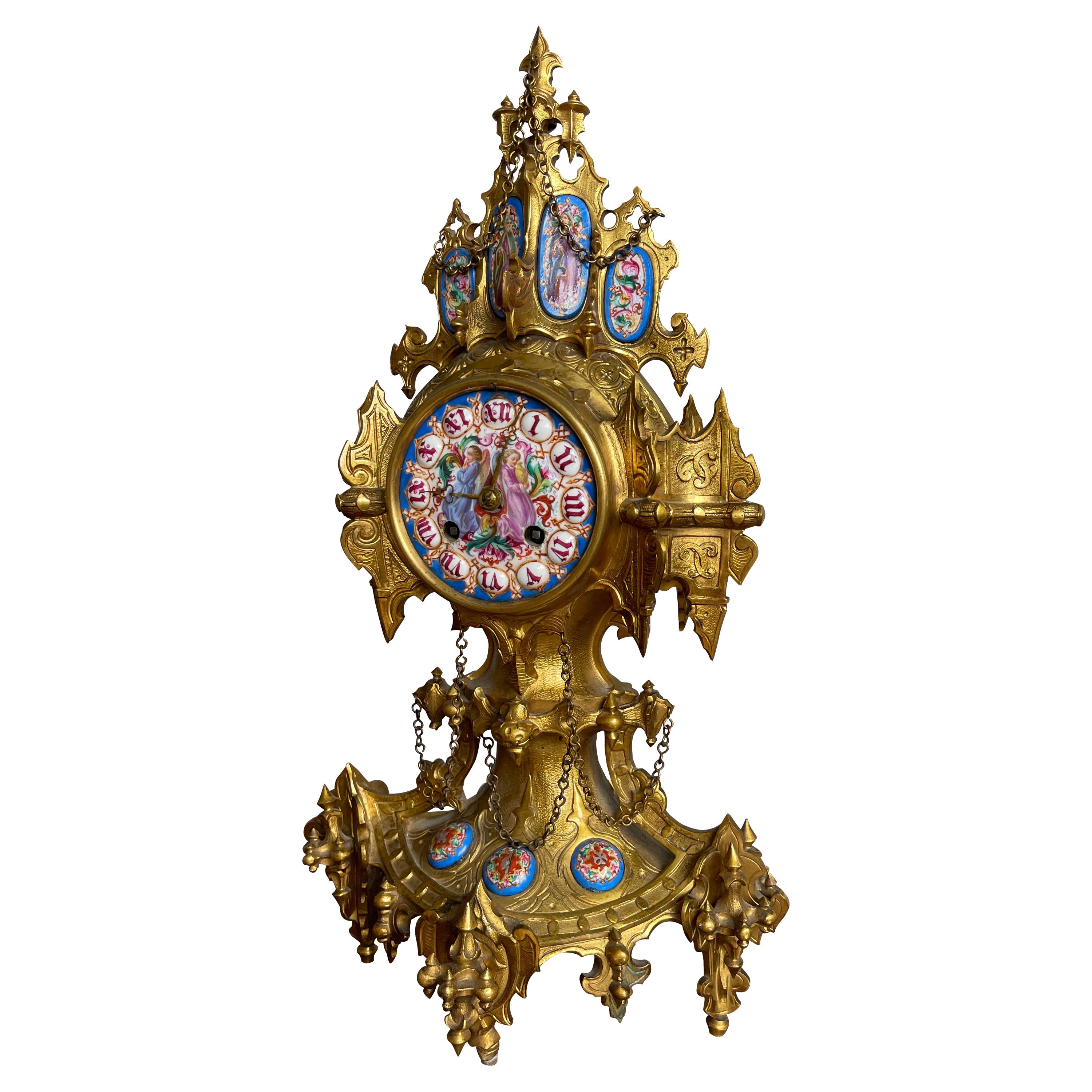 Unique Gothic Revival Gilt Bronze Mantle or Desk Clock w Rare Porcelain Plaques