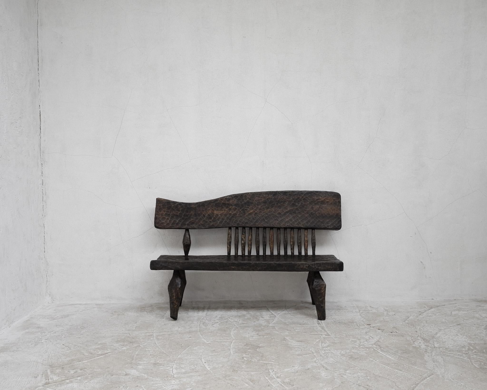 A unique gouged artist made solid ash bench (table & chair set available in separate listing).

Commissioned in the late 1960s by Polish author & poet Janusz Kondratowicz for his Warsaw home.