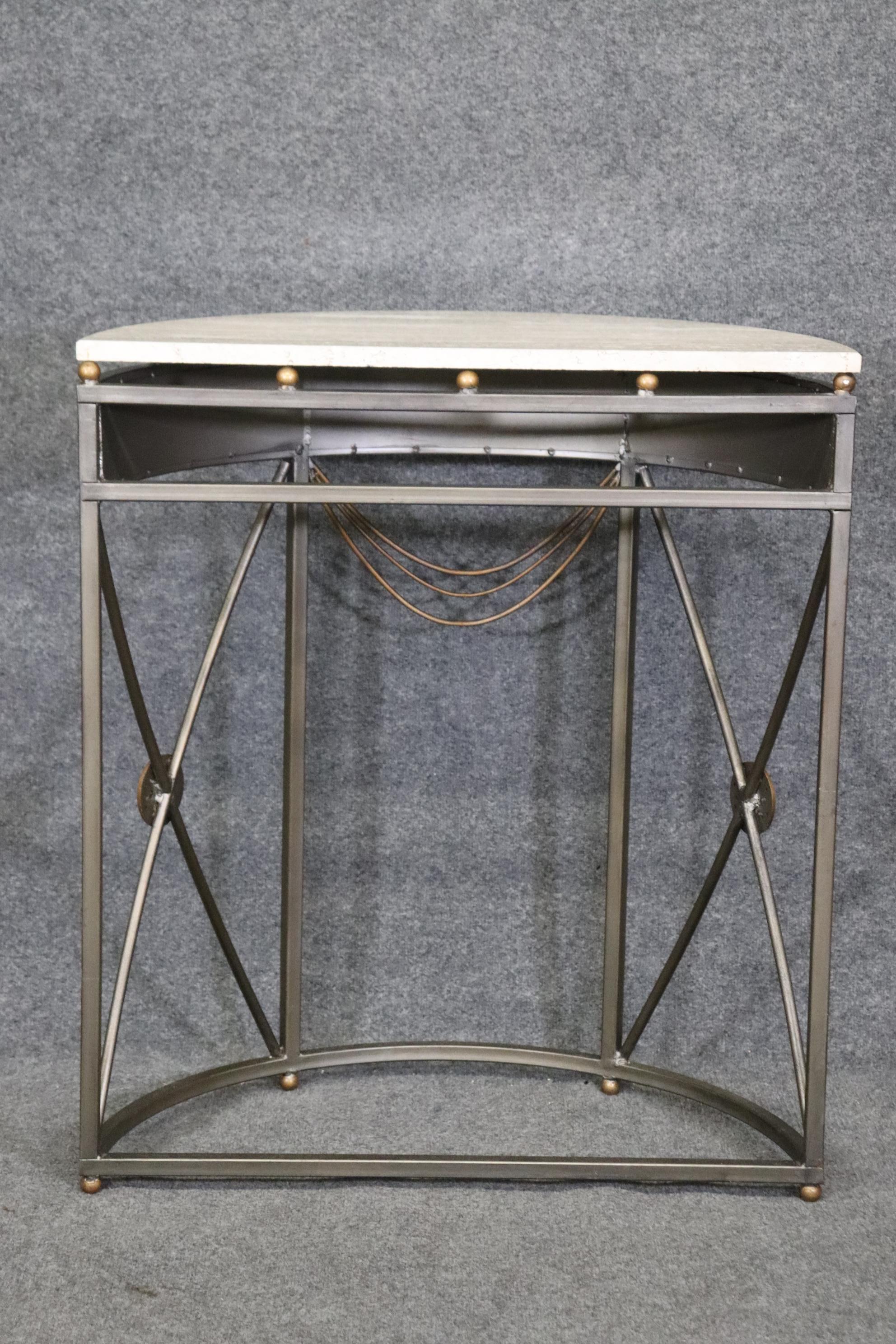 European Unique Greek Key John Vesey Style Marble Top Steel Demilune Console Table  For Sale