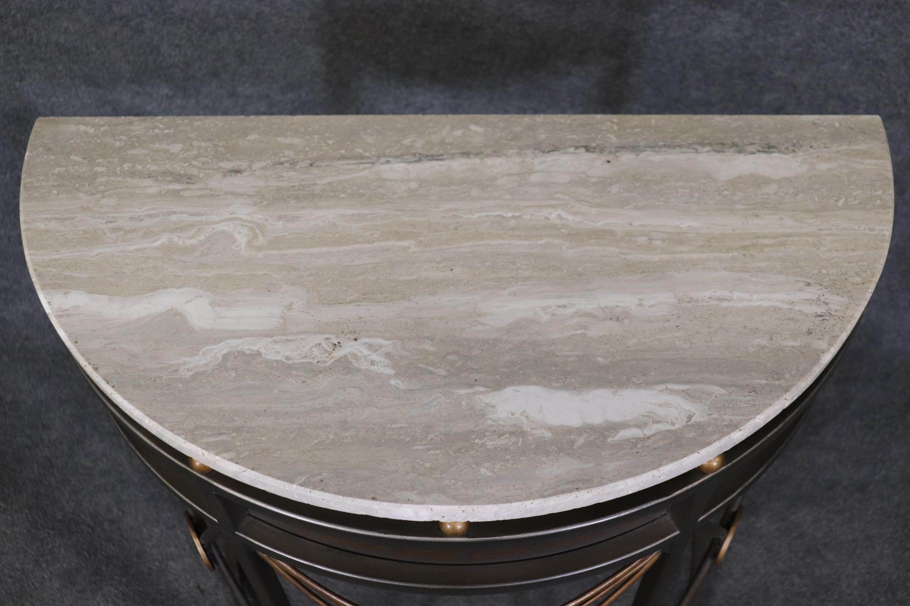 Contemporary Unique Greek Key John Vesey Style Marble Top Steel Demilune Console Table For Sale