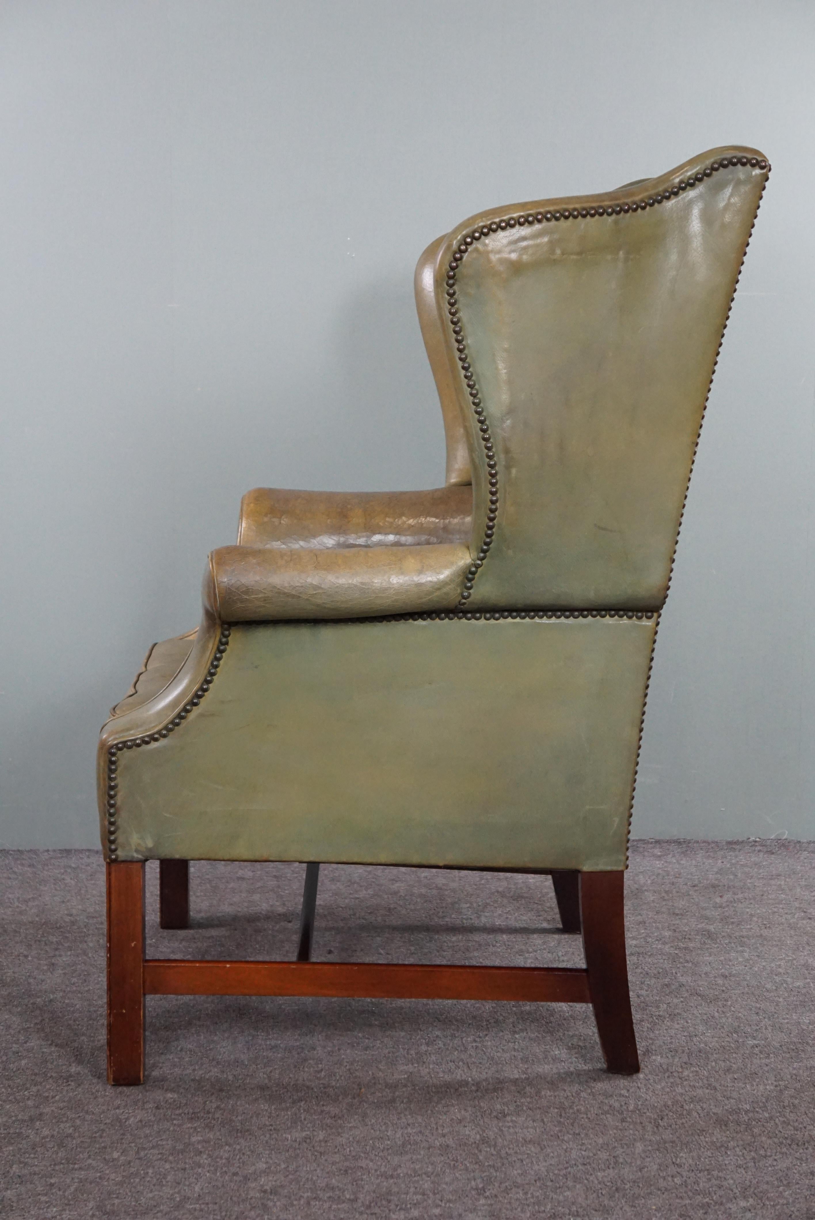 20th Century Unique green cowhide leather wing chair For Sale